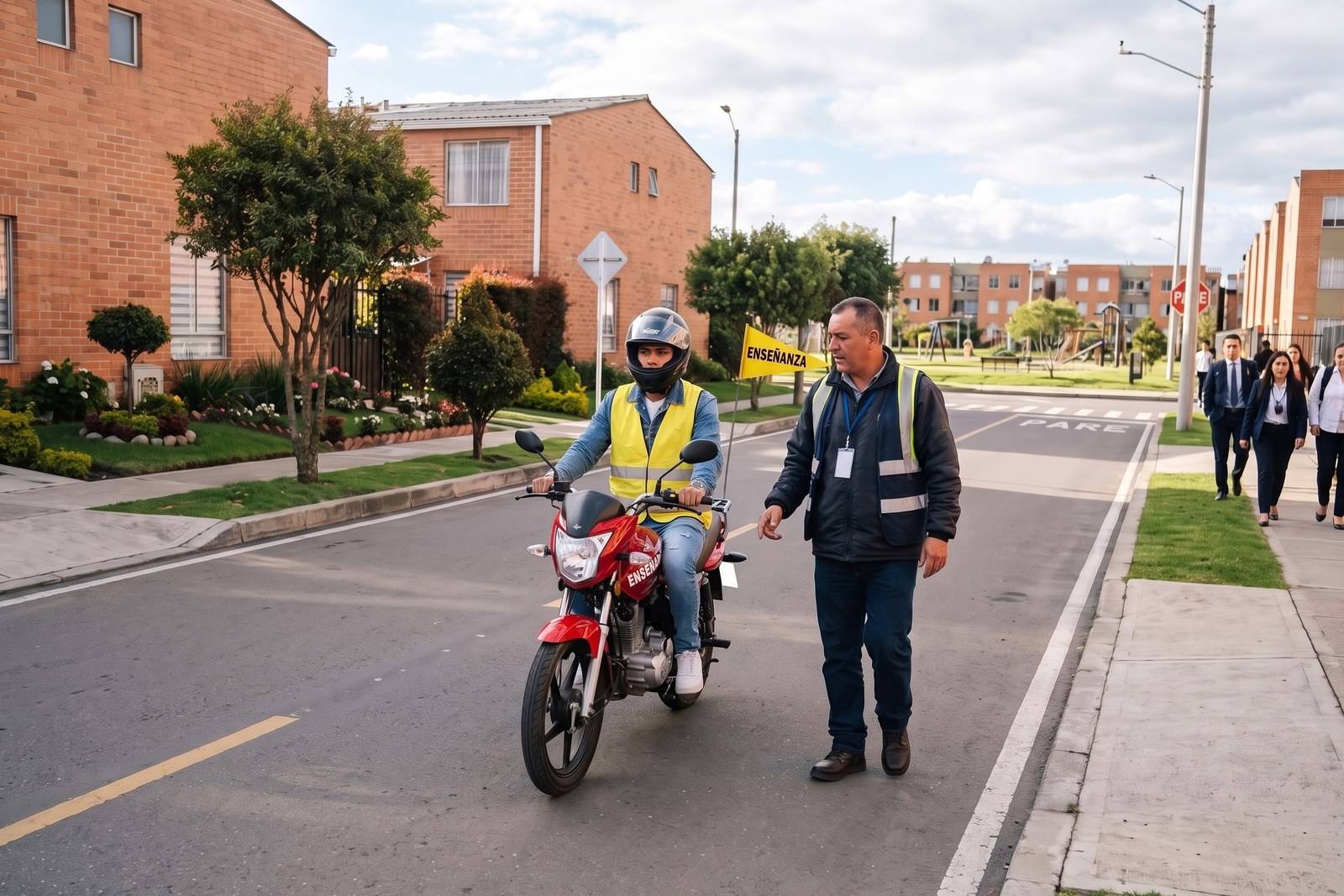 Práctica del curso de moto A2 con casco, chaleco y banderín de enseñanza en Mosquera