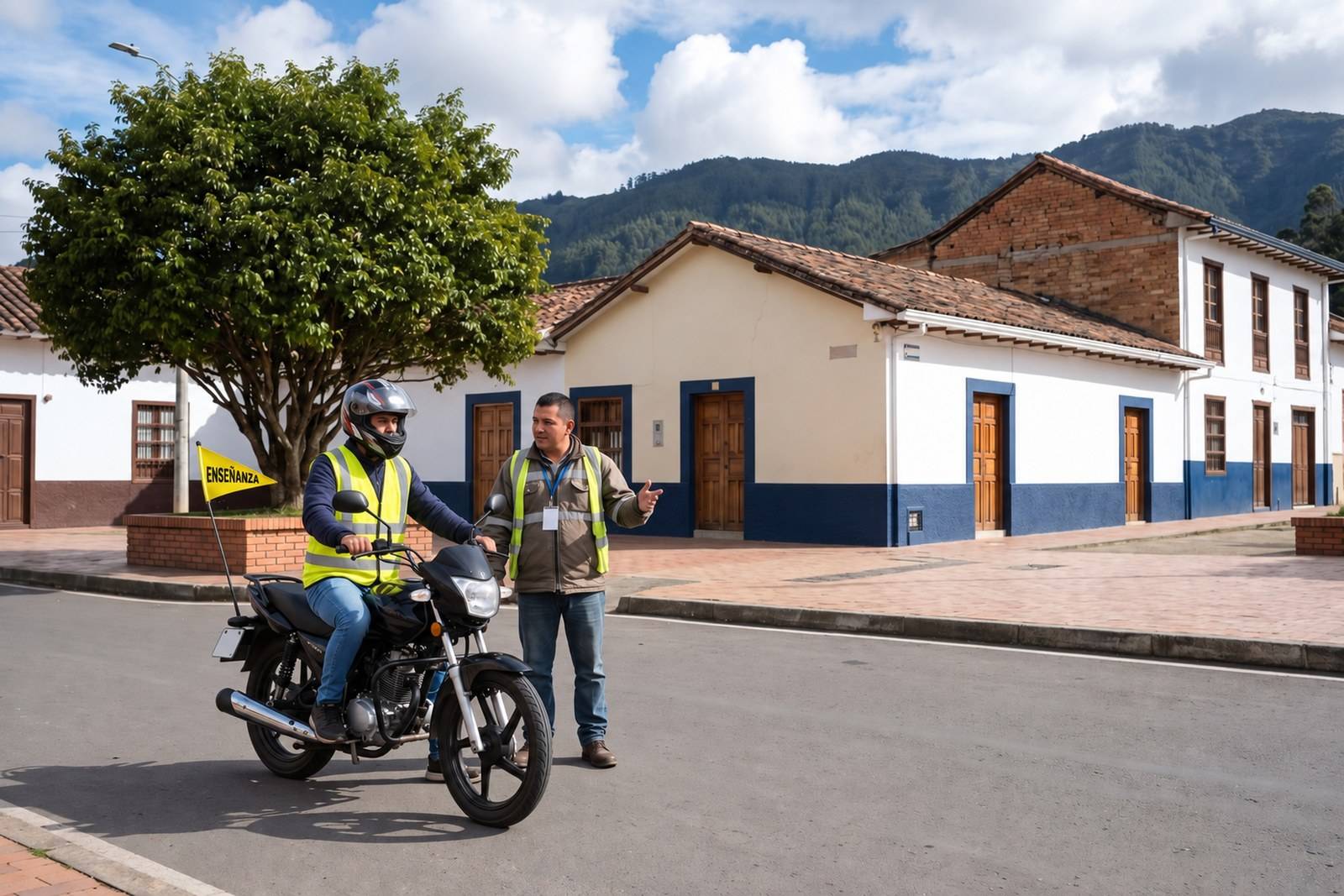 Práctica del curso de moto A2 con casco, chaleco y banderín de enseñanza en Facatativá