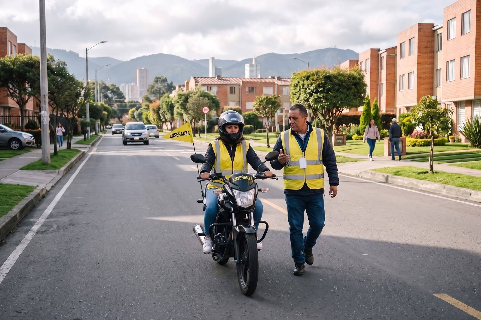 Práctica del curso de moto A2 con casco, chaleco y banderín de enseñanza en Venecia