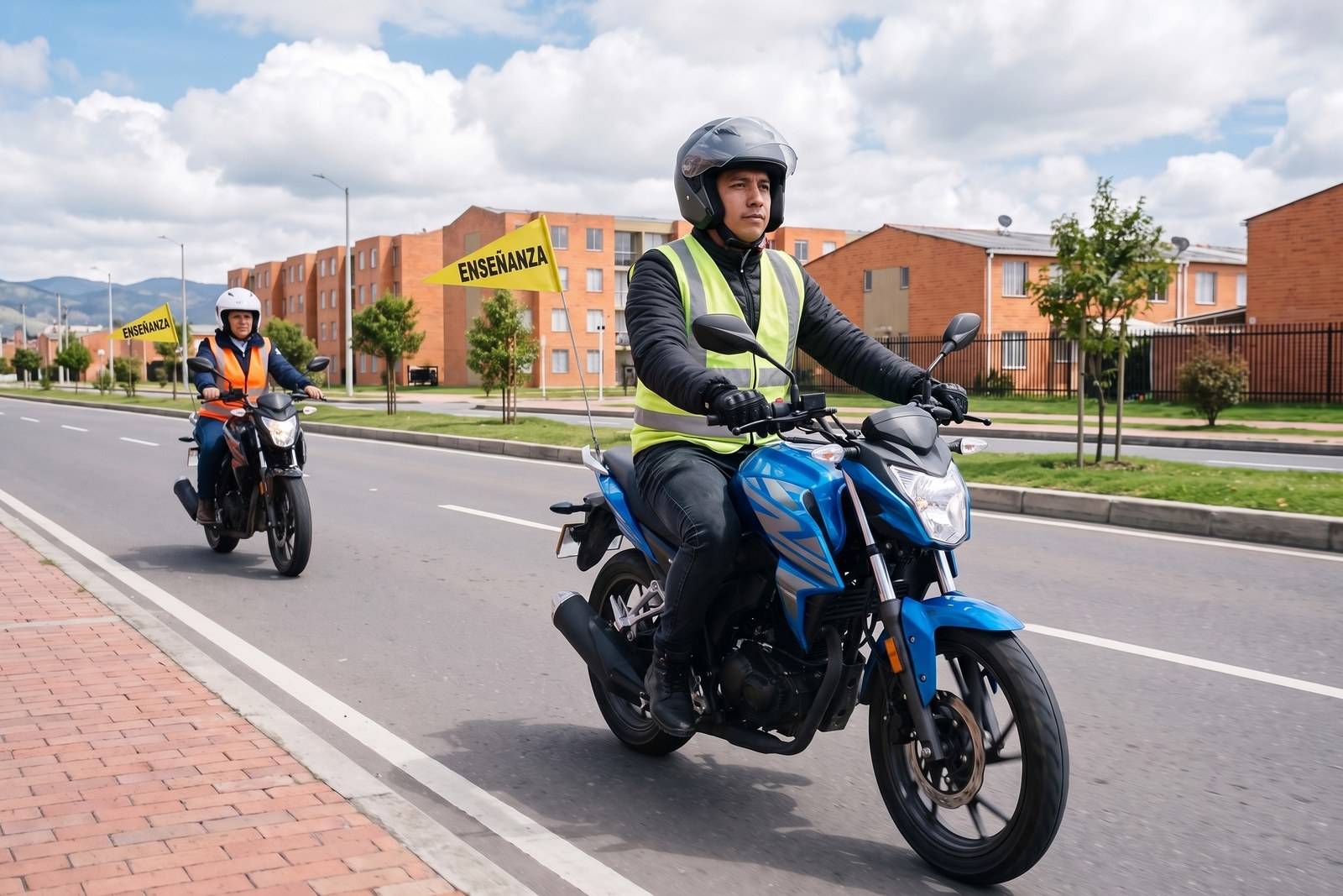 Práctica del curso de moto A2 con casco, chaleco y banderín de enseñanza en Bosa