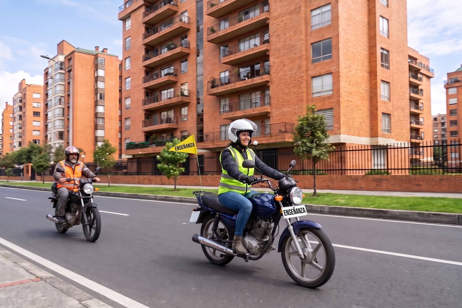 Práctica del curso de moto A2 con casco, chaleco y banderín de enseñanza en Fontibón