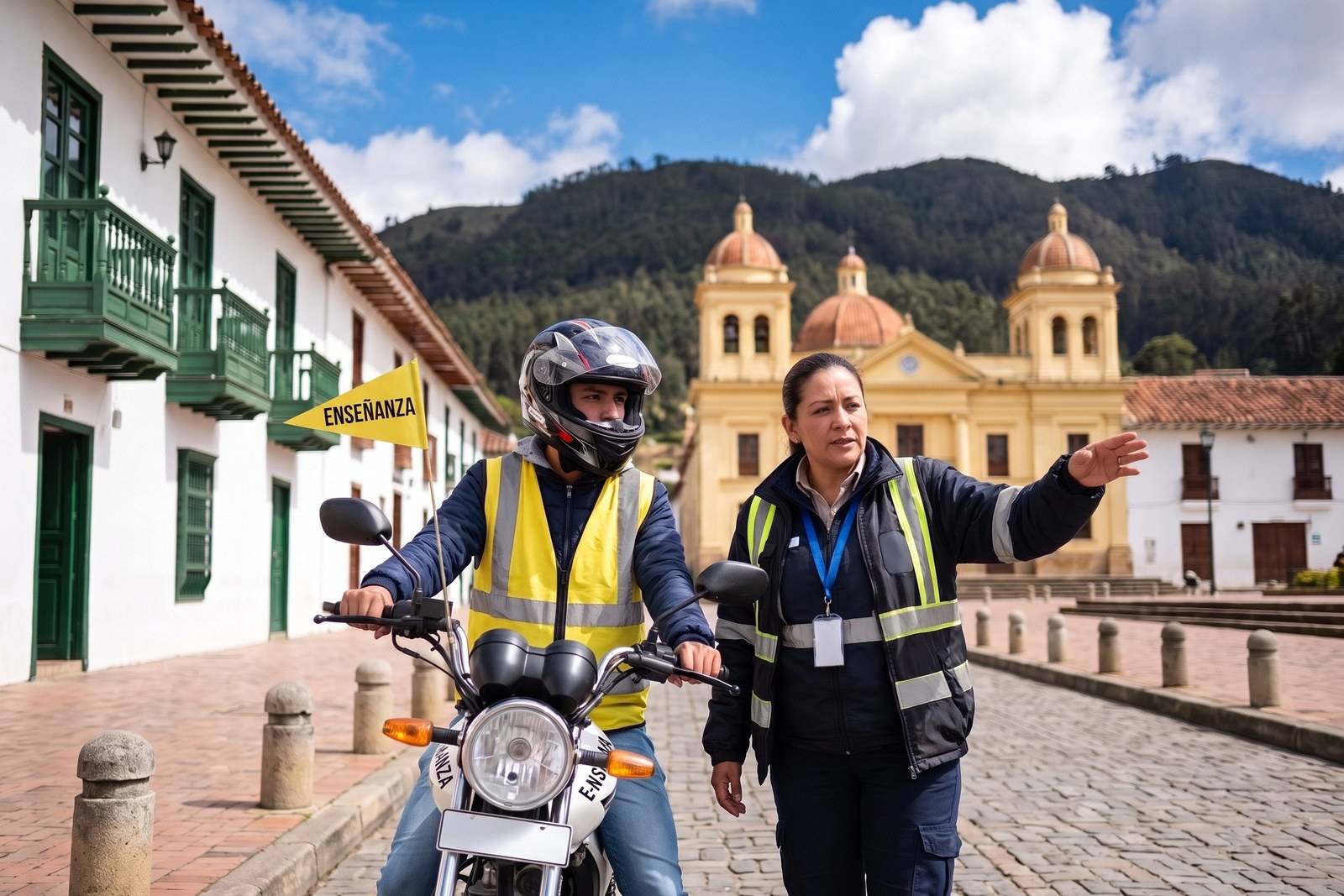 Práctica del curso de moto A2 con casco, chaleco y banderín de enseñanza en Zipaquirá