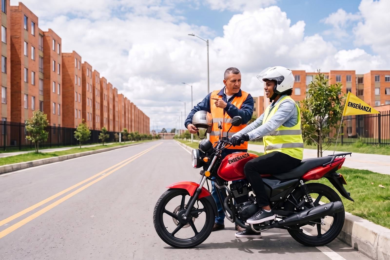 Práctica del curso de moto A2 con casco, chaleco y banderín de enseñanza en Soacha