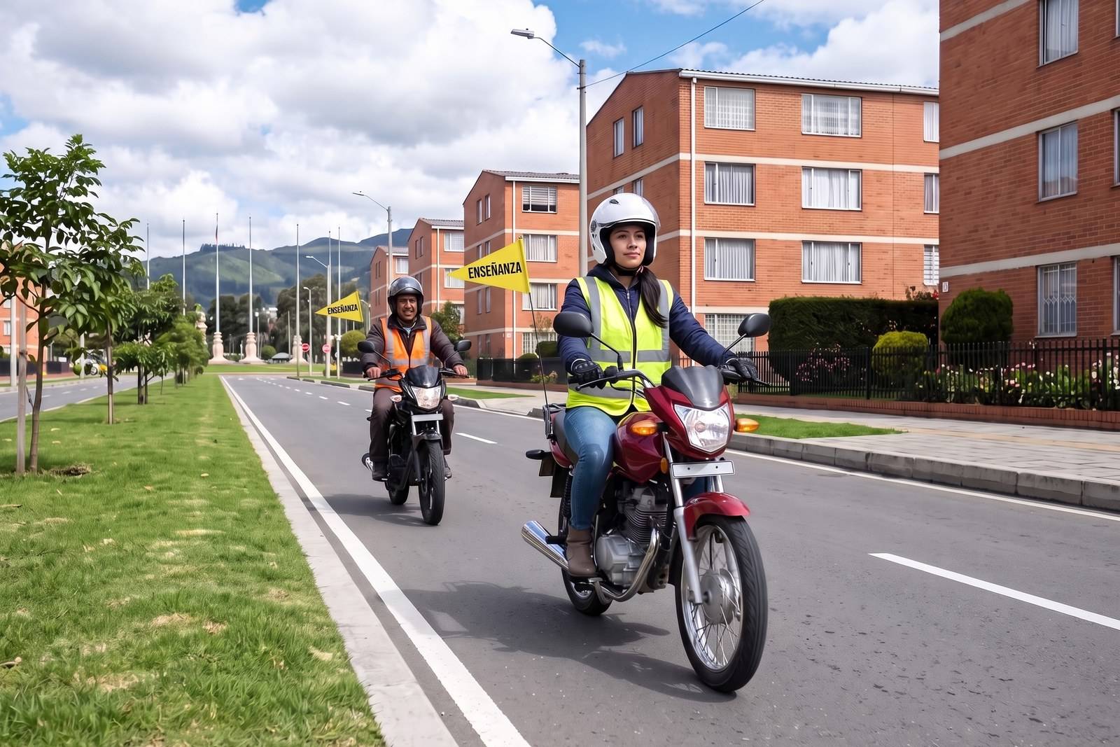 Práctica del curso de moto A2 con casco, chaleco y banderín de enseñanza en Kennedy
