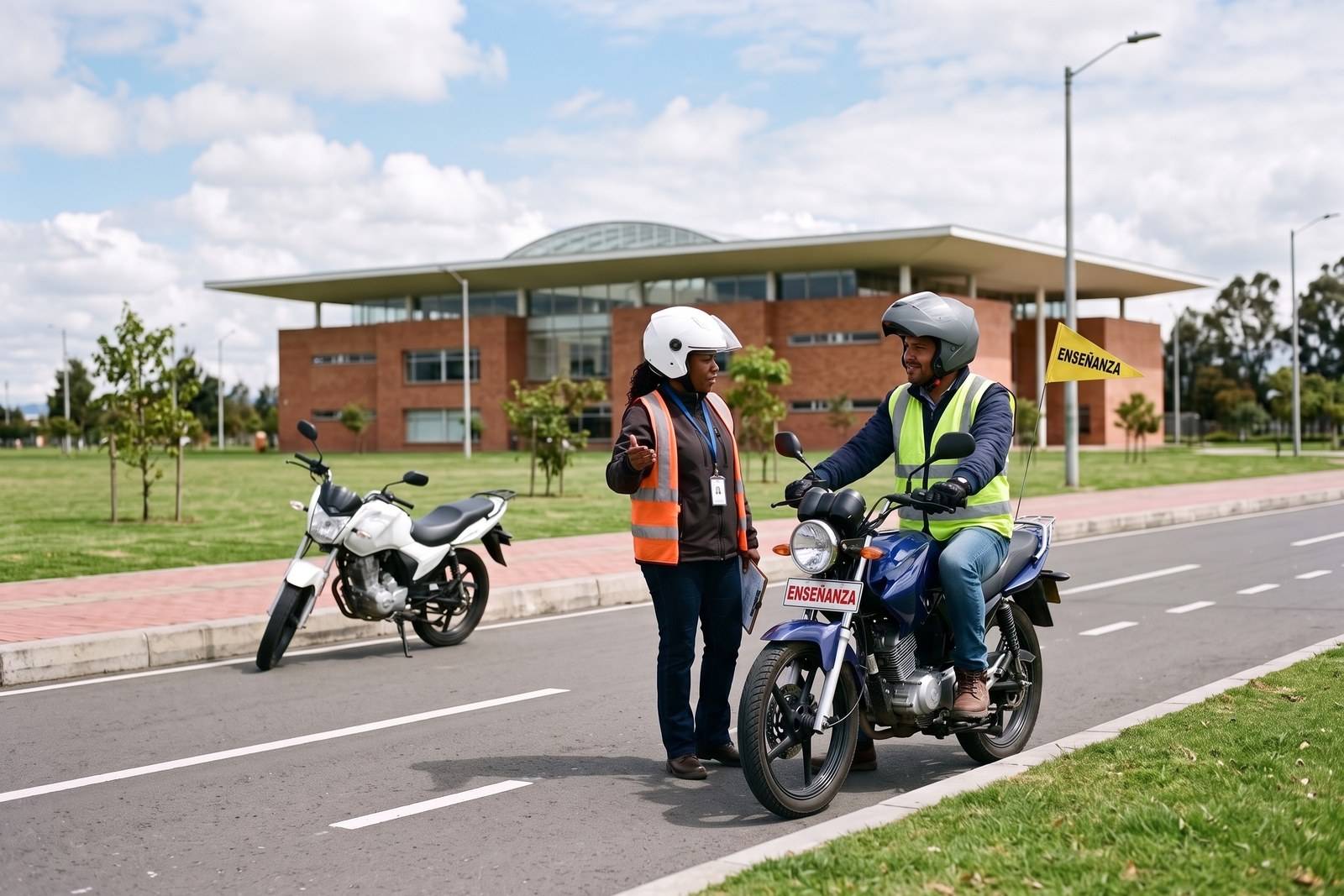 Práctica del curso de moto A2 con casco, chaleco y banderín de enseñanza en Tunjuelito
