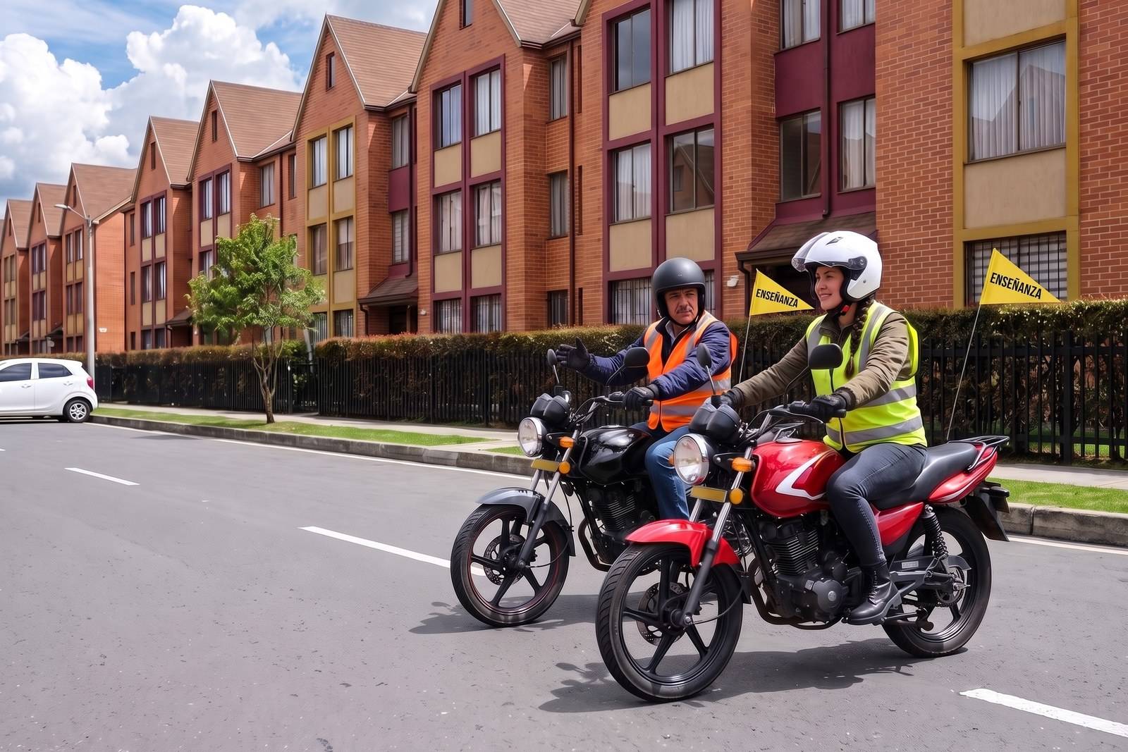 Práctica del curso de moto A2 con casco, chaleco y banderín de enseñanza en Engativá