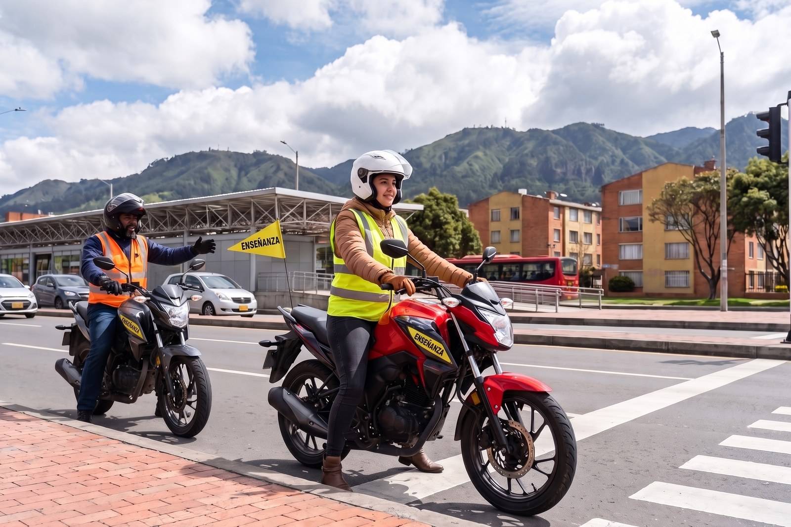 Práctica del curso de moto A2 con casco, chaleco y banderín de enseñanza en Restrepo