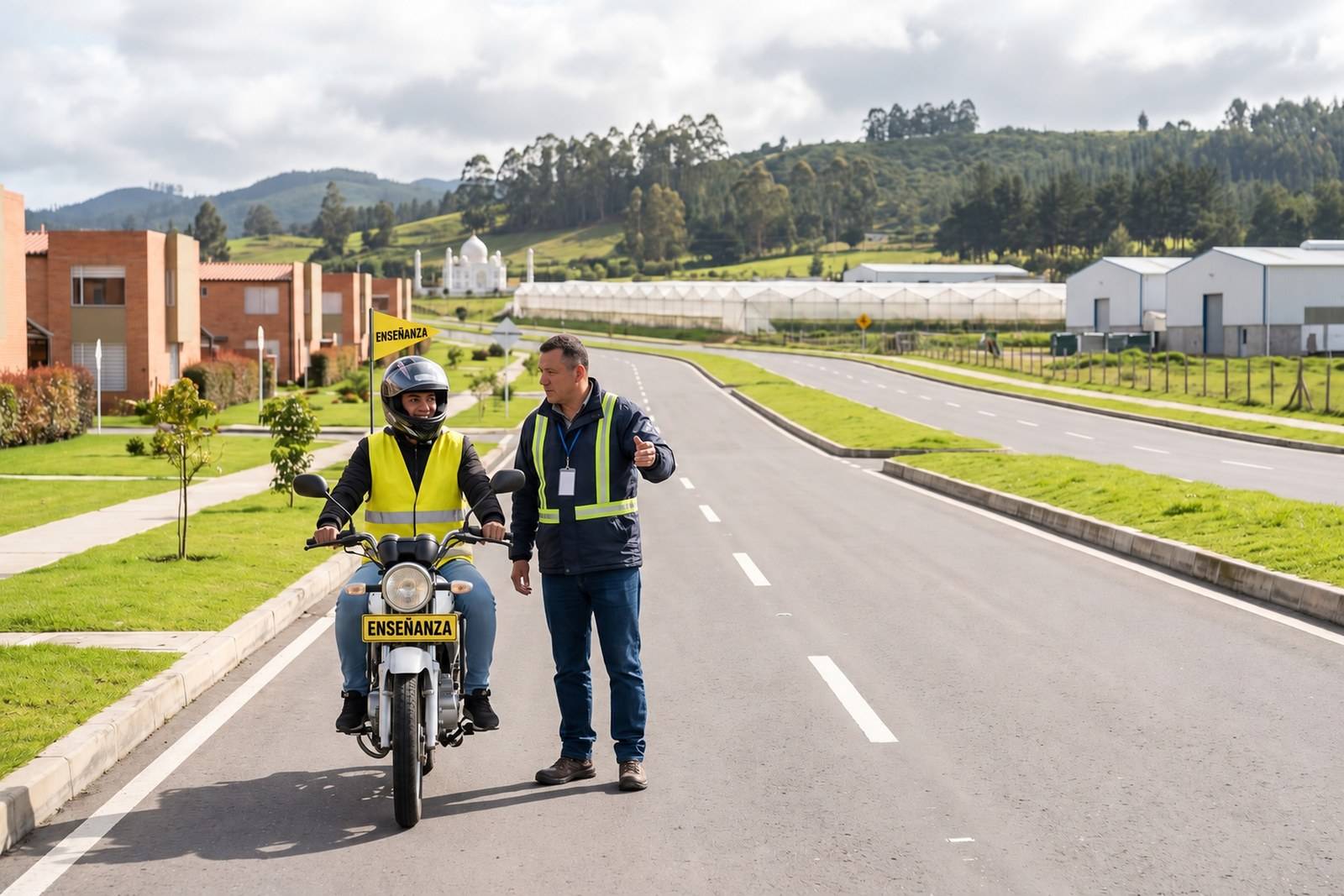 Práctica del curso de moto A2 con casco, chaleco y banderín de enseñanza en Tocancipá