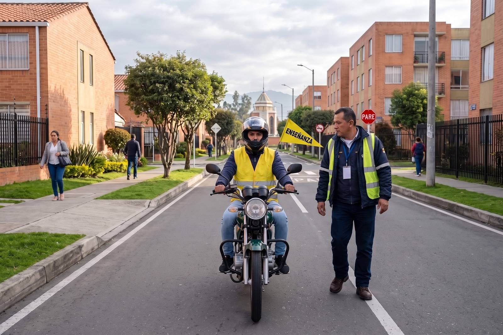Práctica del curso de moto A2 con casco, chaleco y banderín de enseñanza en Suba