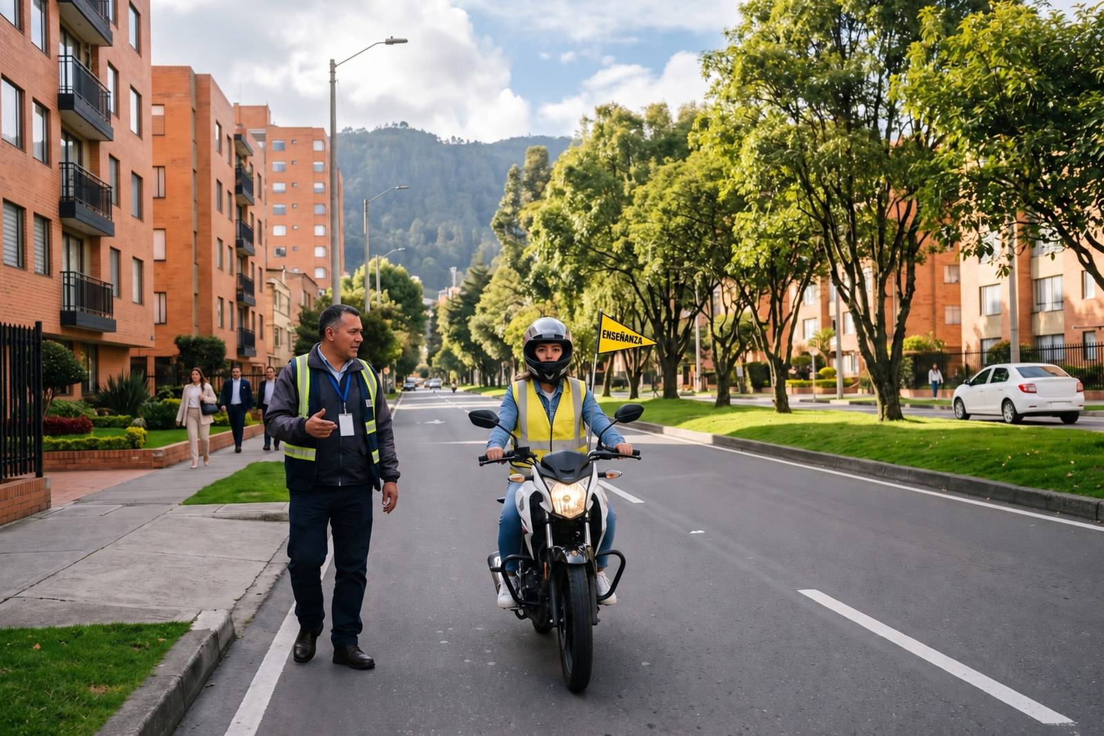 Práctica del curso de moto A2 con casco, chaleco y banderín de enseñanza en Bogotá norte