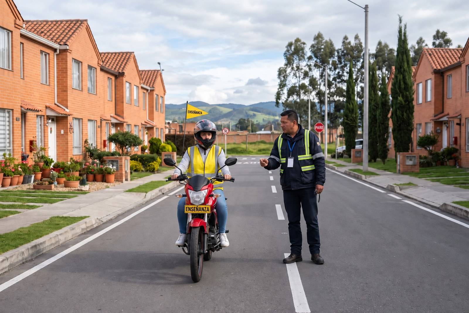 Práctica del curso de moto A2 con casco, chaleco y banderín de enseñanza en Funza