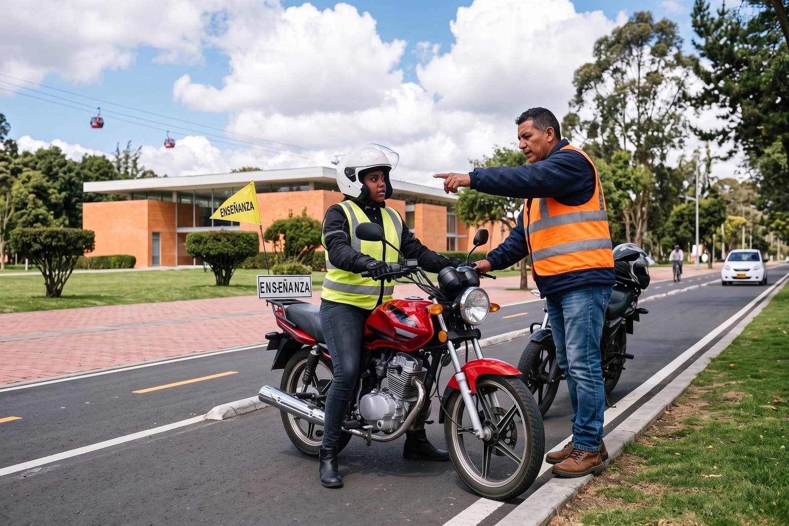 Práctica del curso de moto A2 con casco, chaleco y banderín de enseñanza en Ciudad Bolívar