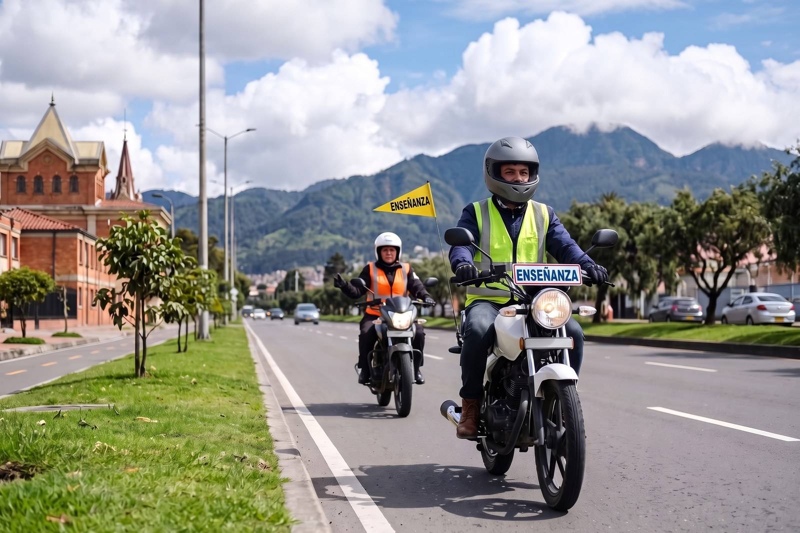 Práctica del curso de moto A2 con casco, chaleco y banderín de enseñanza en San Cristóbal