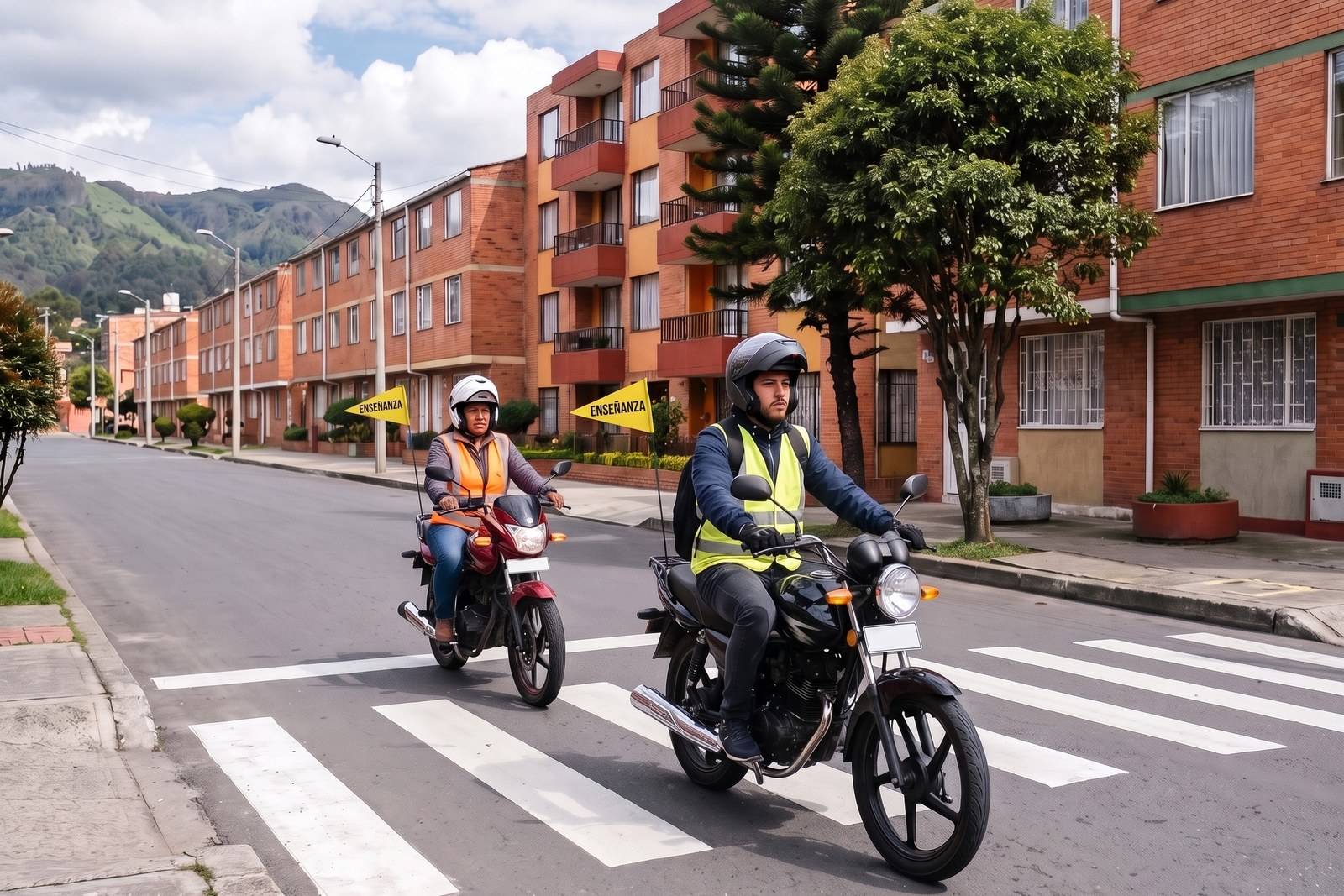 Práctica del curso de moto A2 con casco, chaleco y banderín de enseñanza en Chapinero