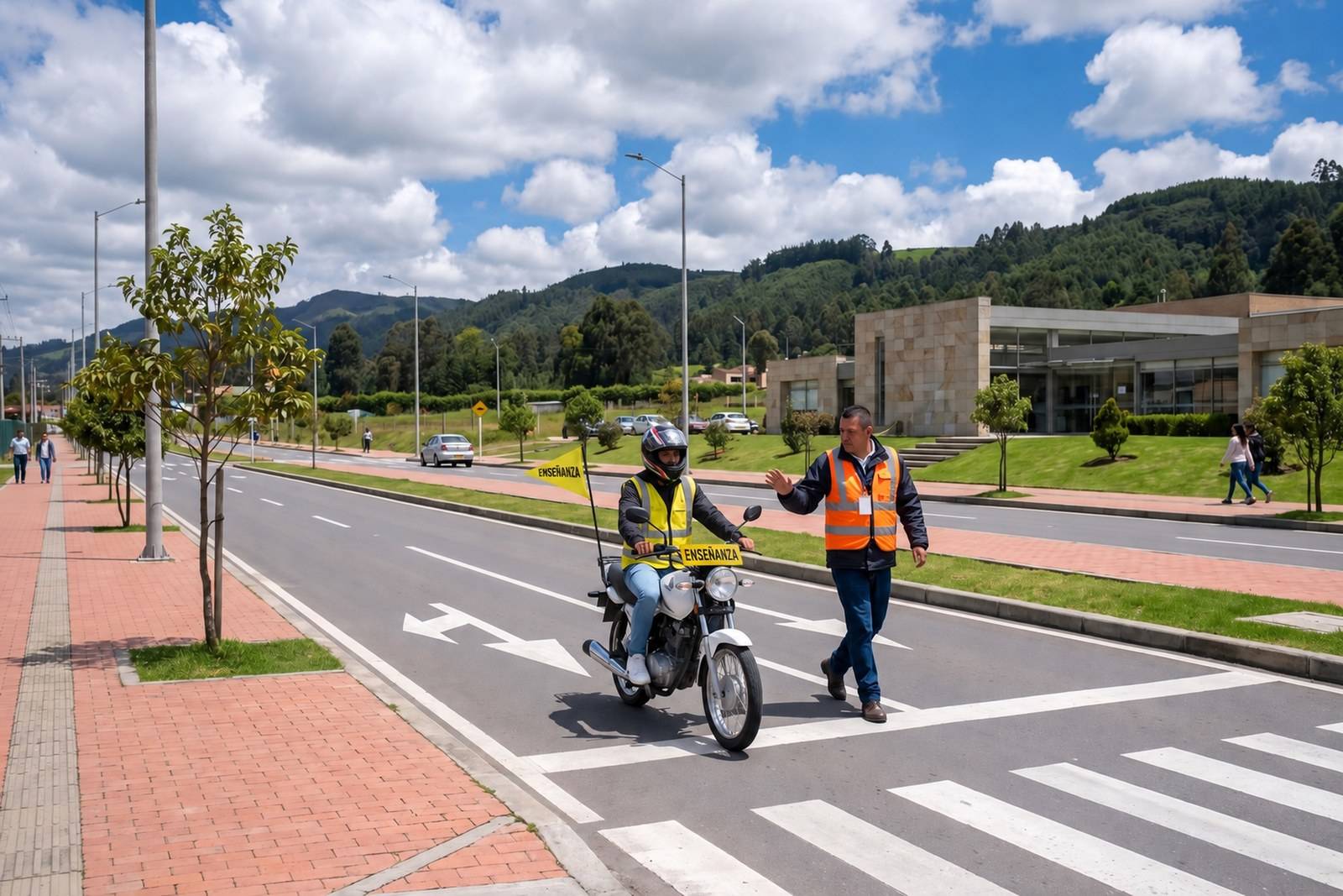 Práctica del curso de moto A2 con casco, chaleco y banderín de enseñanza en Cajicá