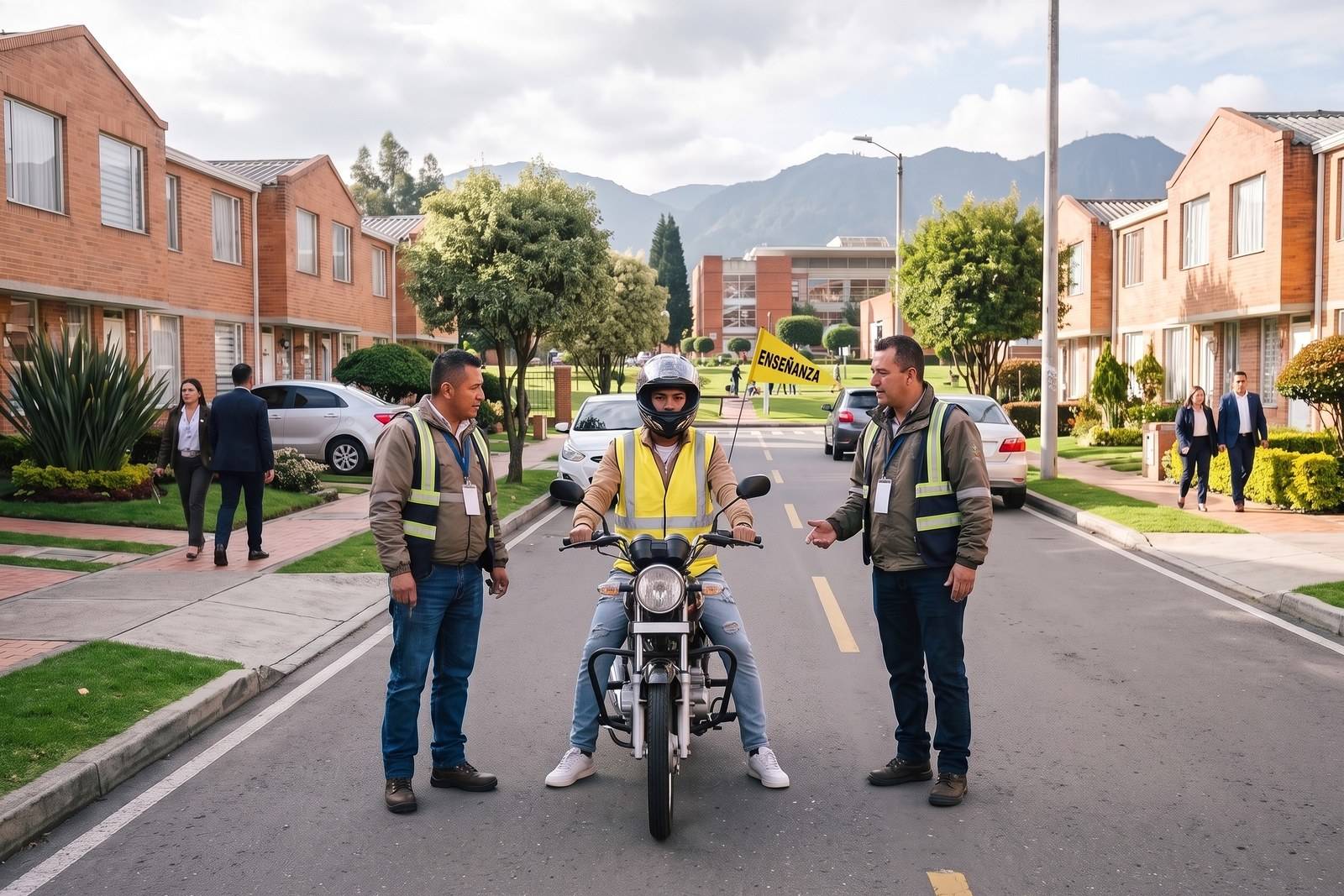 Práctica del curso de moto A2 con casco, chaleco y banderín de enseñanza en Usme