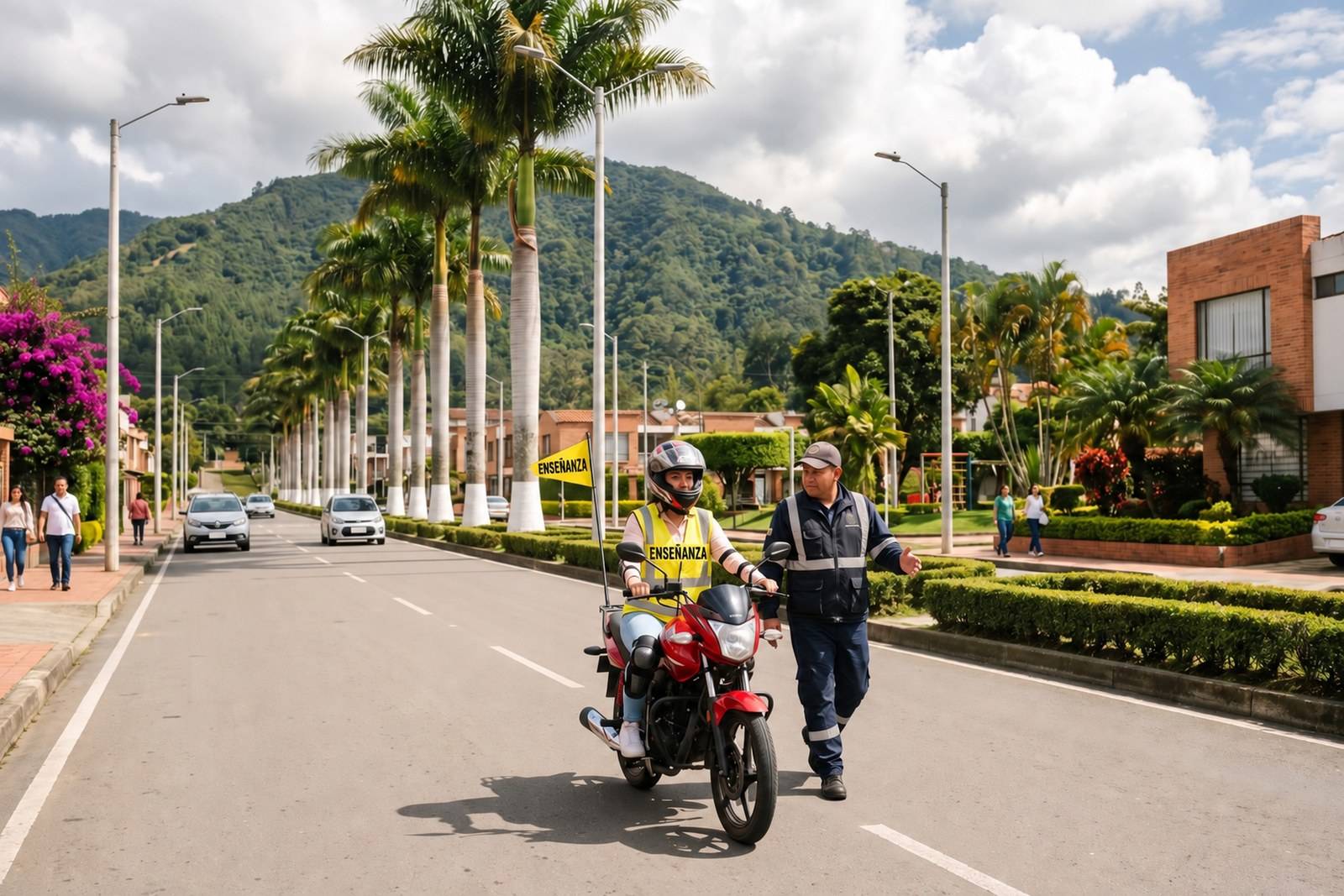 Práctica del curso de moto A2 con casco, chaleco y banderín de enseñanza en Fusagasugá