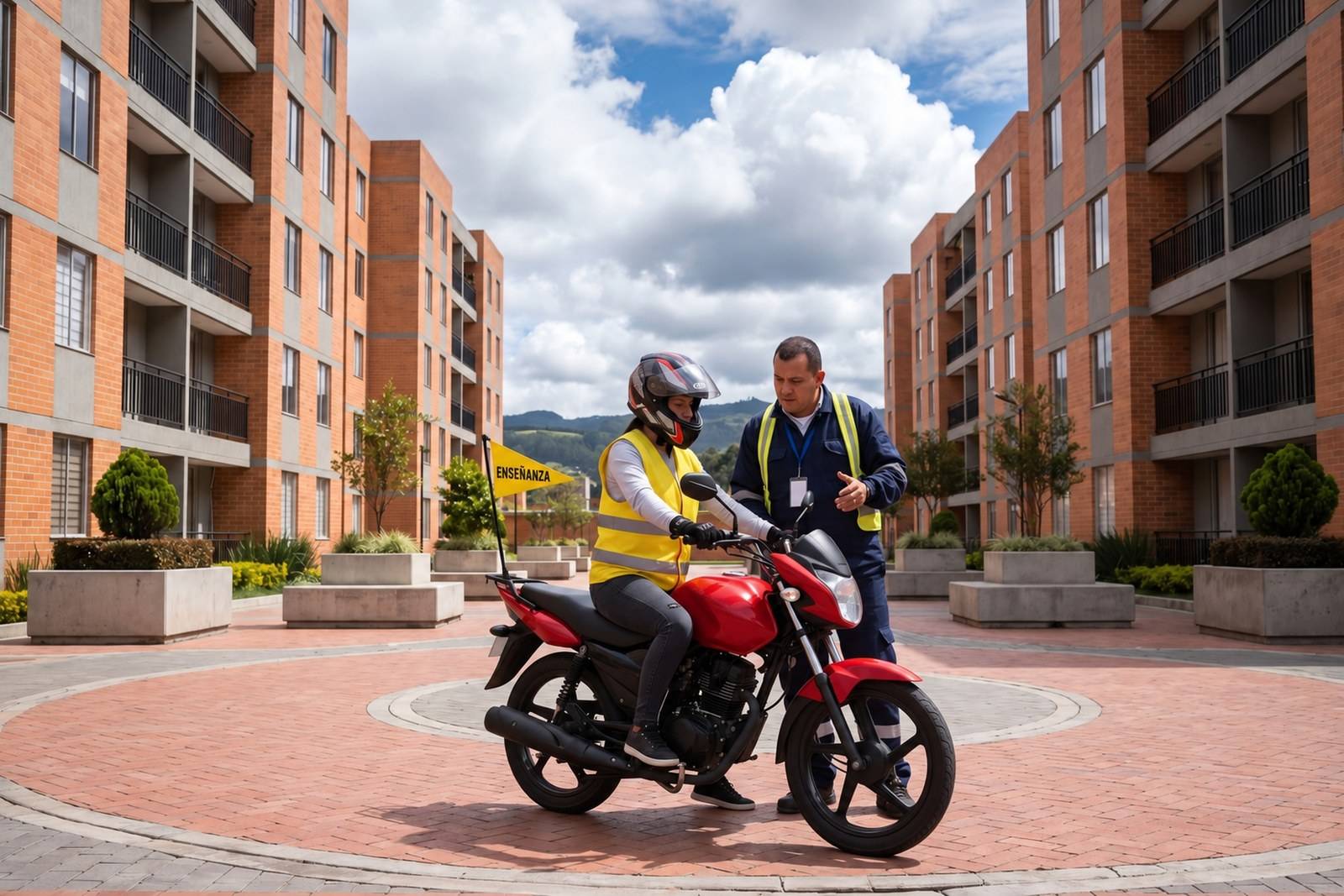 Práctica del curso de moto A2 con casco, chaleco y banderín de enseñanza en Madrid