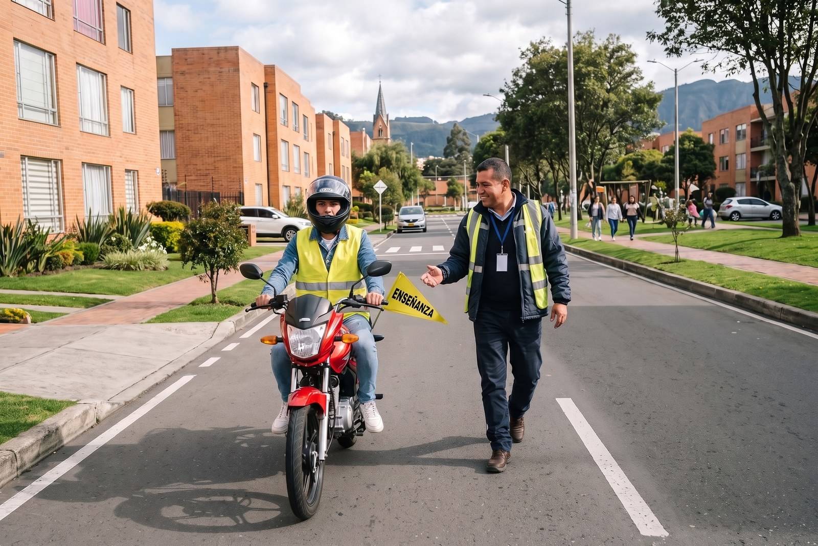 Práctica del curso de moto A2 con casco, chaleco y banderín de enseñanza en Usaquén