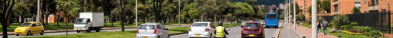 Vista ilustrativa de una avenida de Bogotá con vehículos y los cerros al fondo