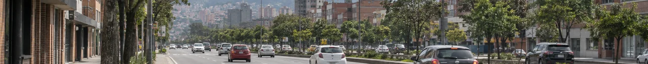 Vista ilustrativa de una avenida de Bogotá con vehículos y los cerros al fondo