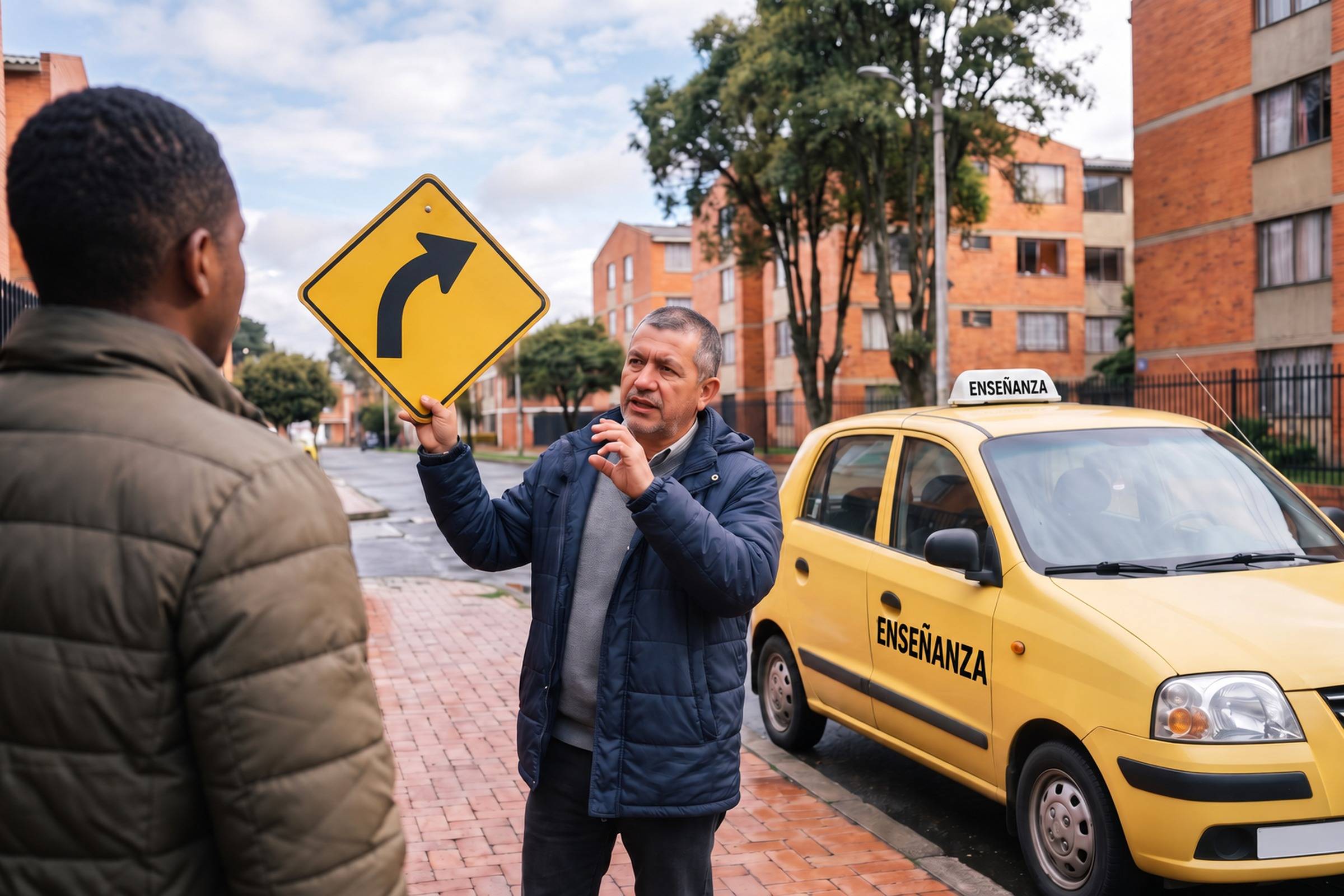 Instructor explica una señal de tránsito junto a un taxi amarillo de la academia en Bogotá