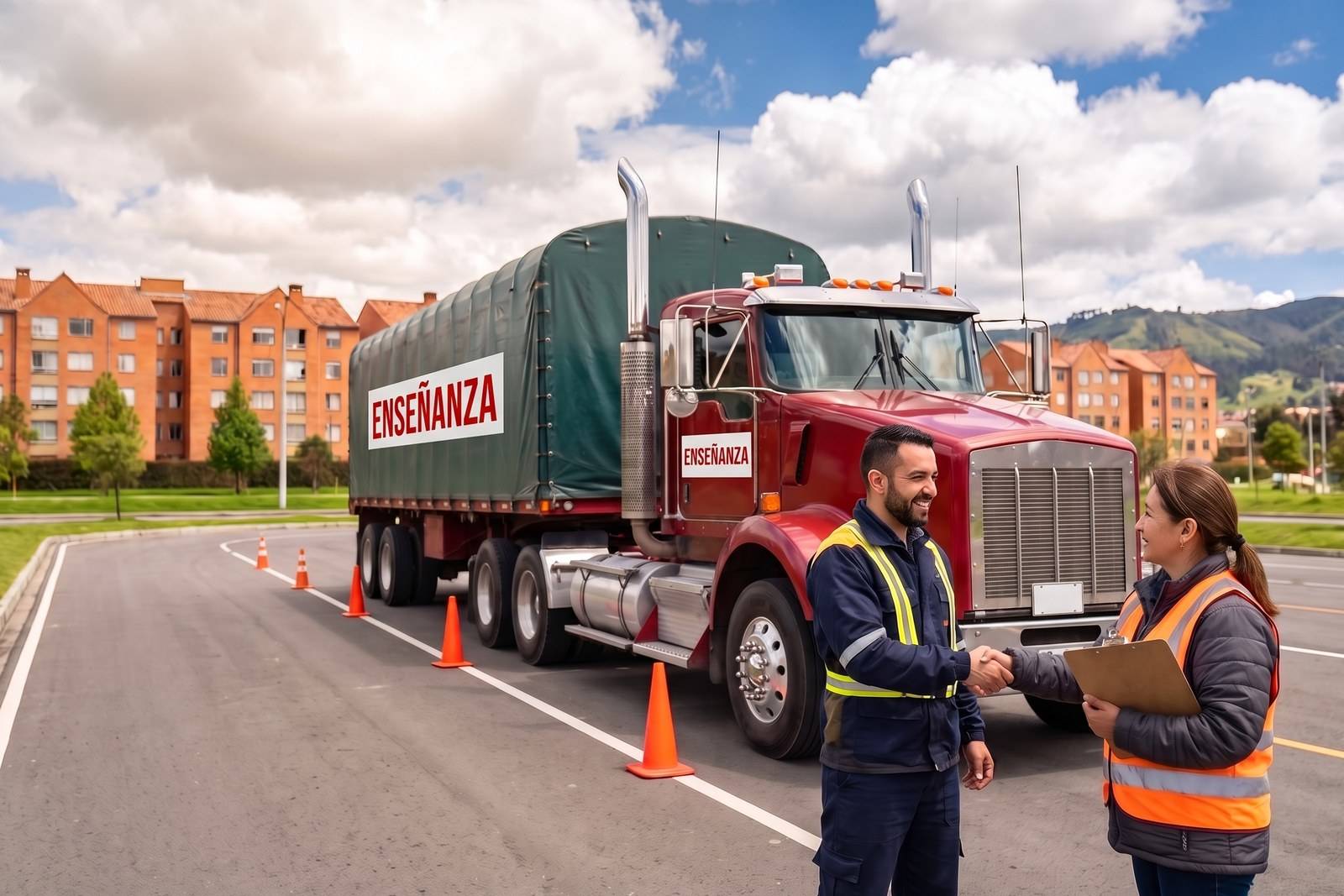 Práctica del curso C3 junto a una tractomula de enseñanza en Suba
