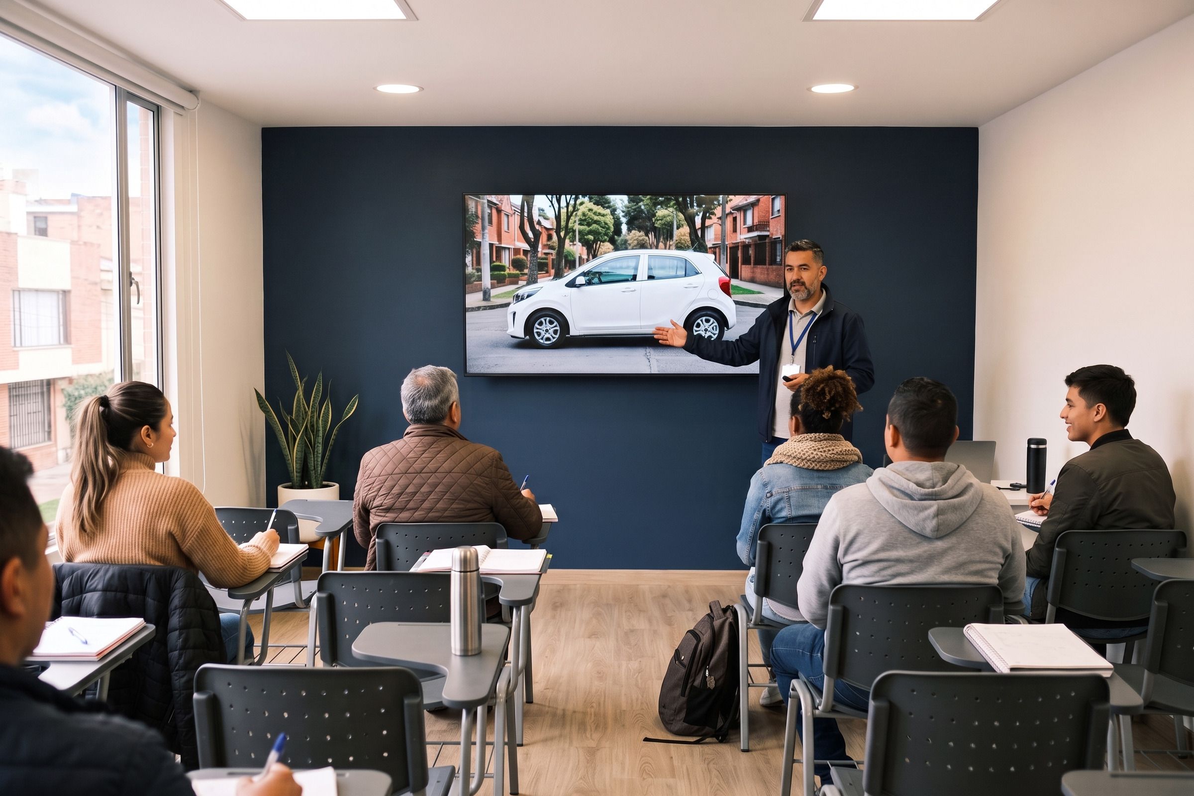 Instructor dicta una clase teórica frente a la pantalla con la imagen de un carro, ante cinco alumnos
