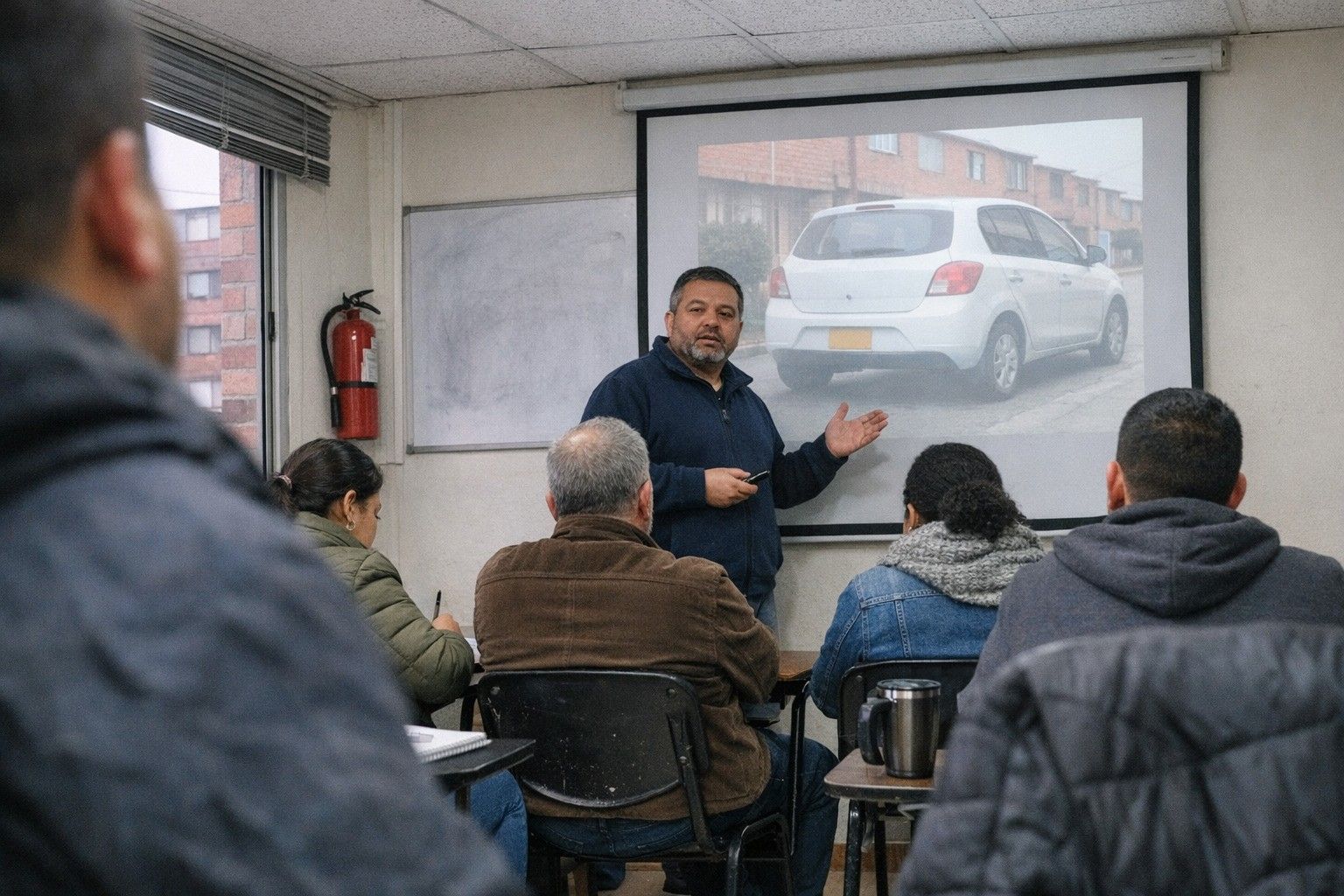 Instructor dicta una clase teórica frente a la pantalla con la imagen de un carro, ante cinco alumnos