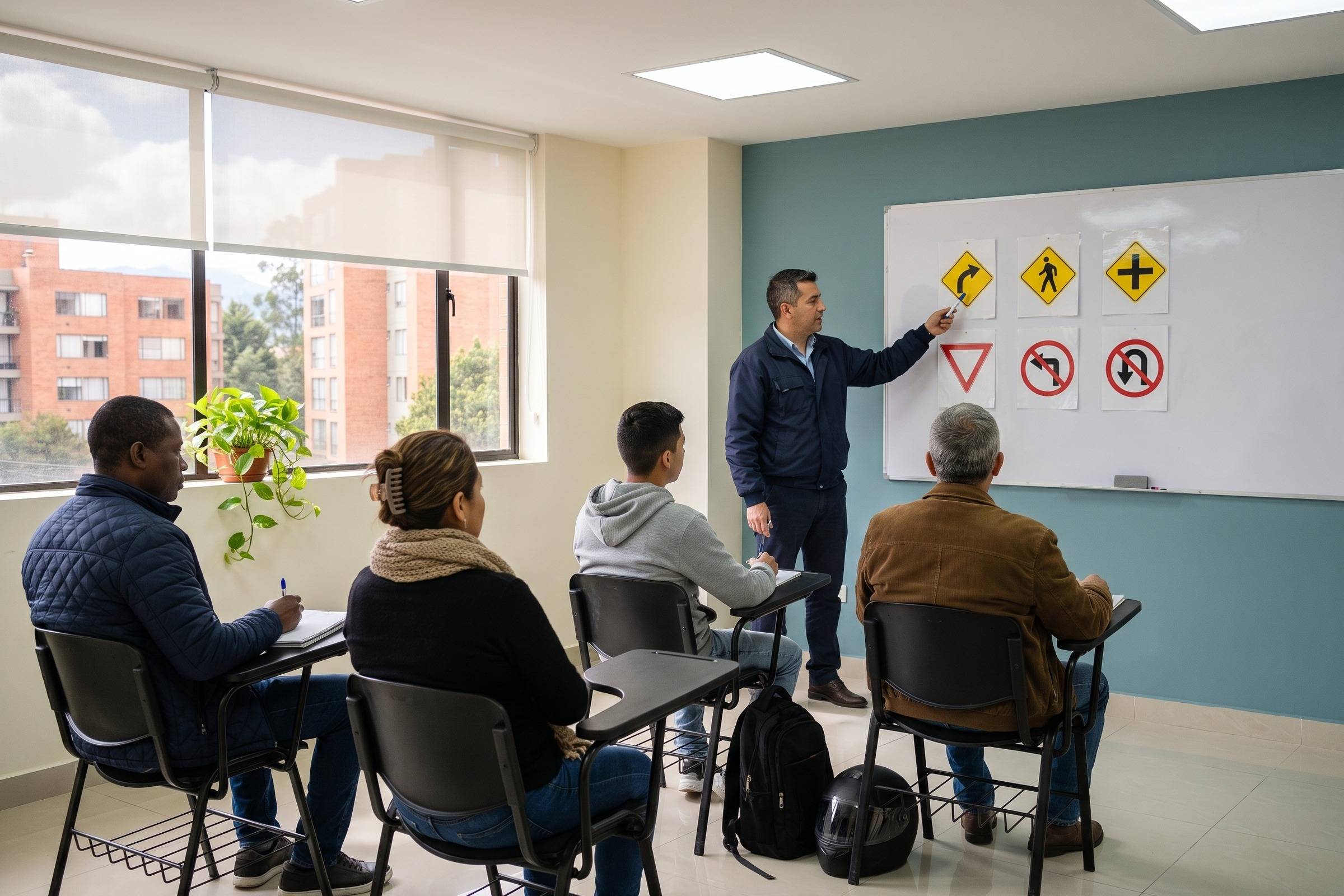 Instructor explica las señales de tránsito en el tablero durante una clase teórica