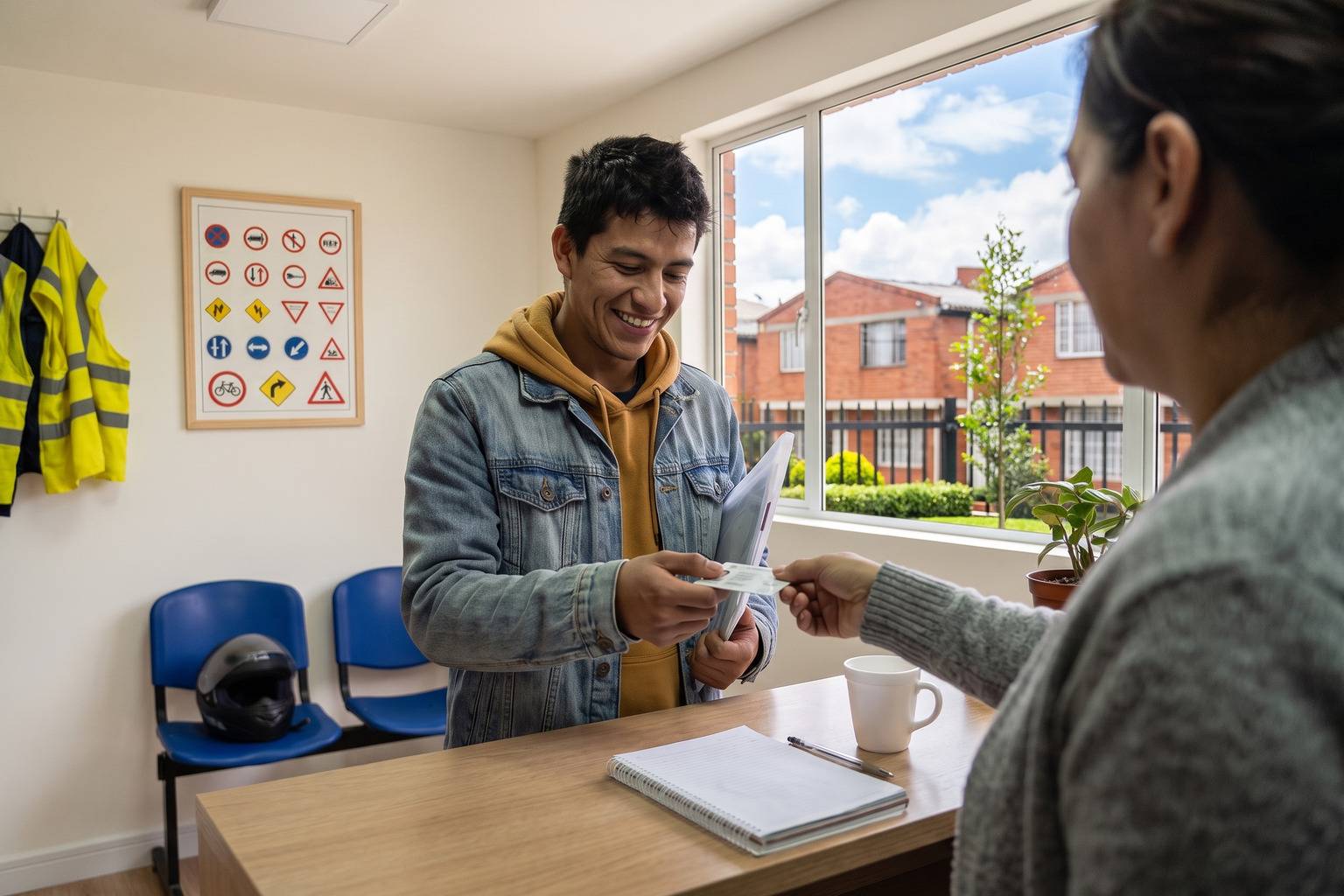 Joven sonriente recibe su licencia de conducción en la oficina de la academia
