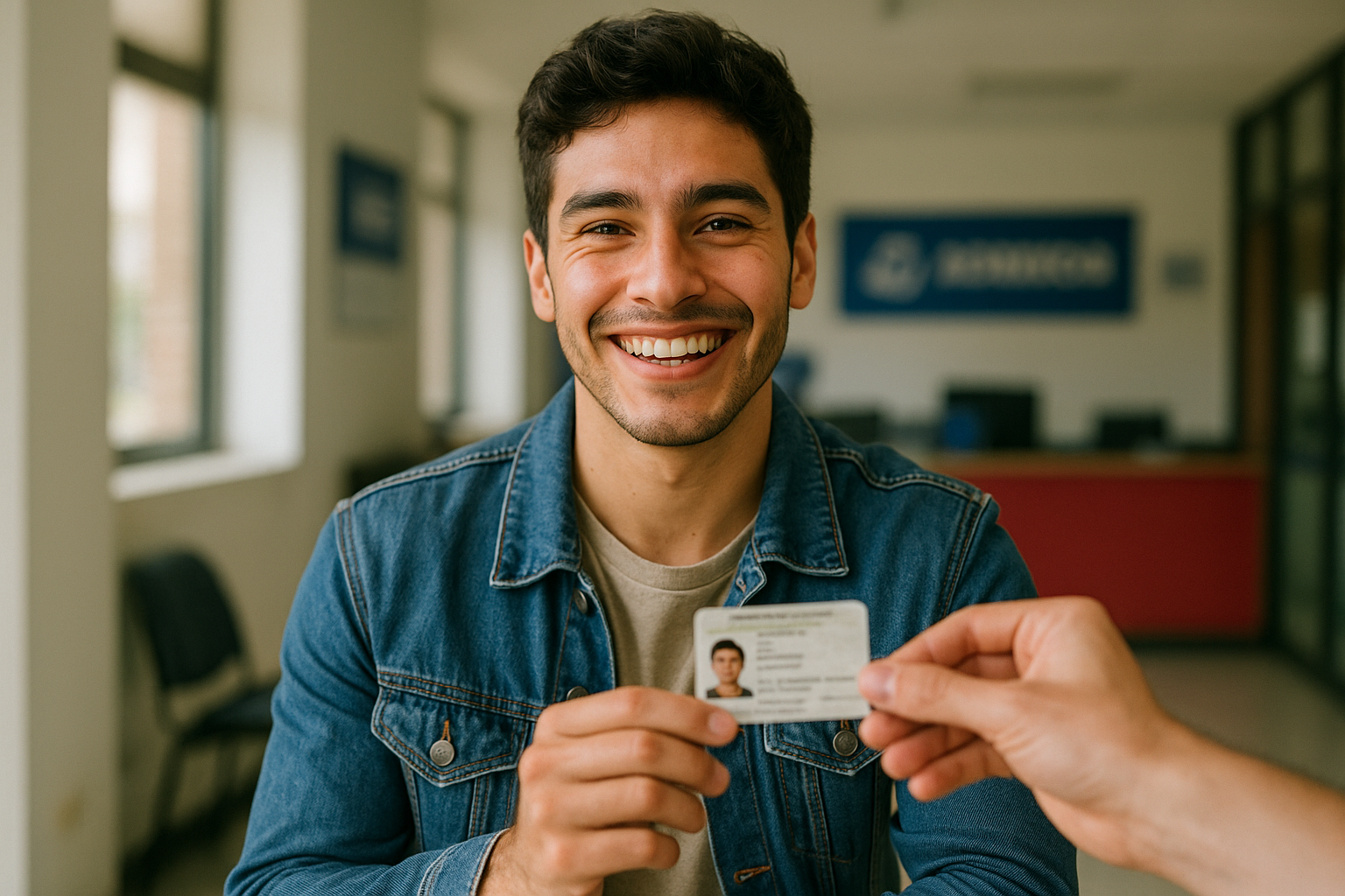 Joven sonriente recibe su licencia de conducción en la oficina de la academia