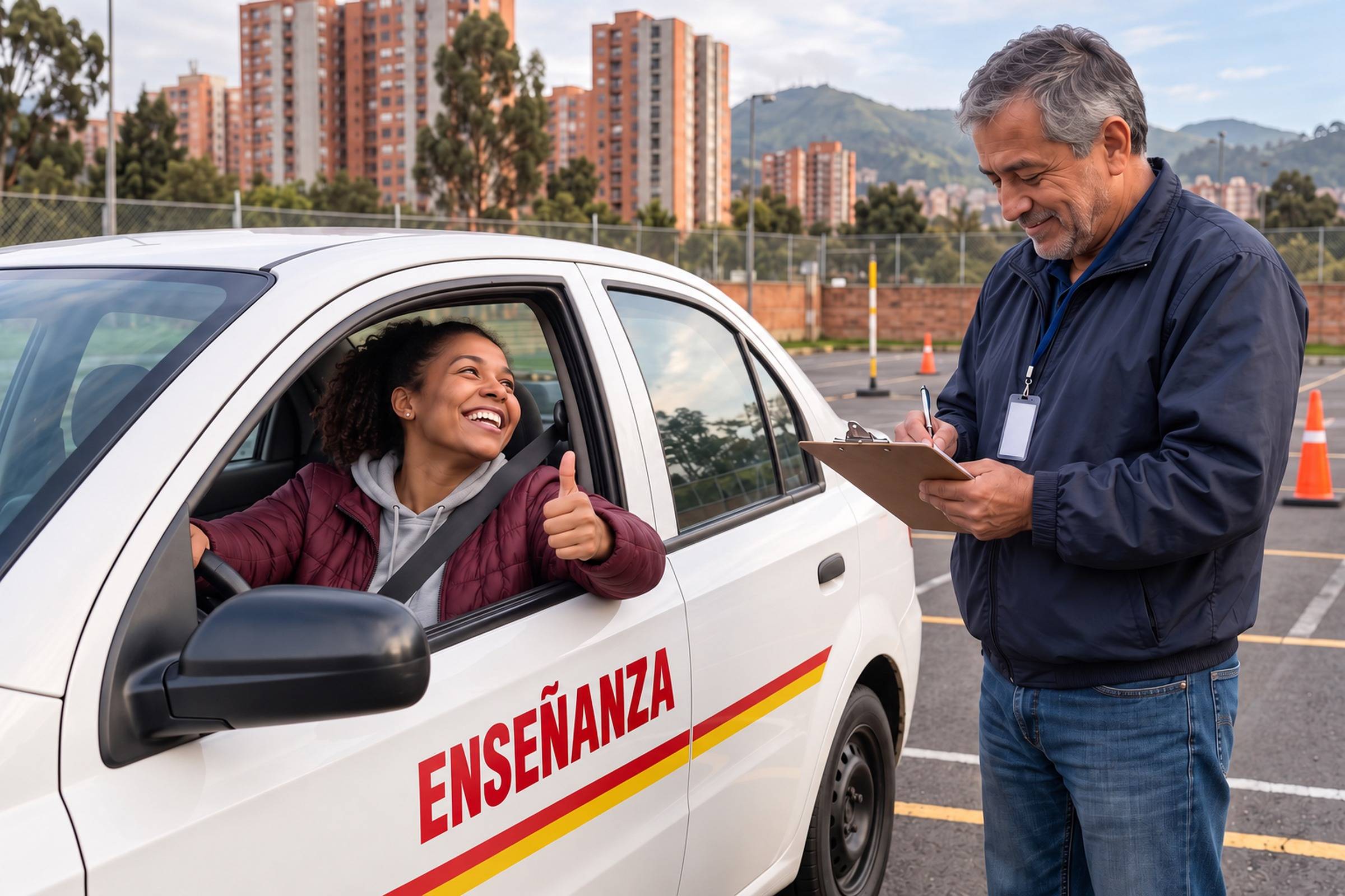 Alumna celebra con el pulgar arriba desde el carro mientras el instructor anota el resultado de la práctica