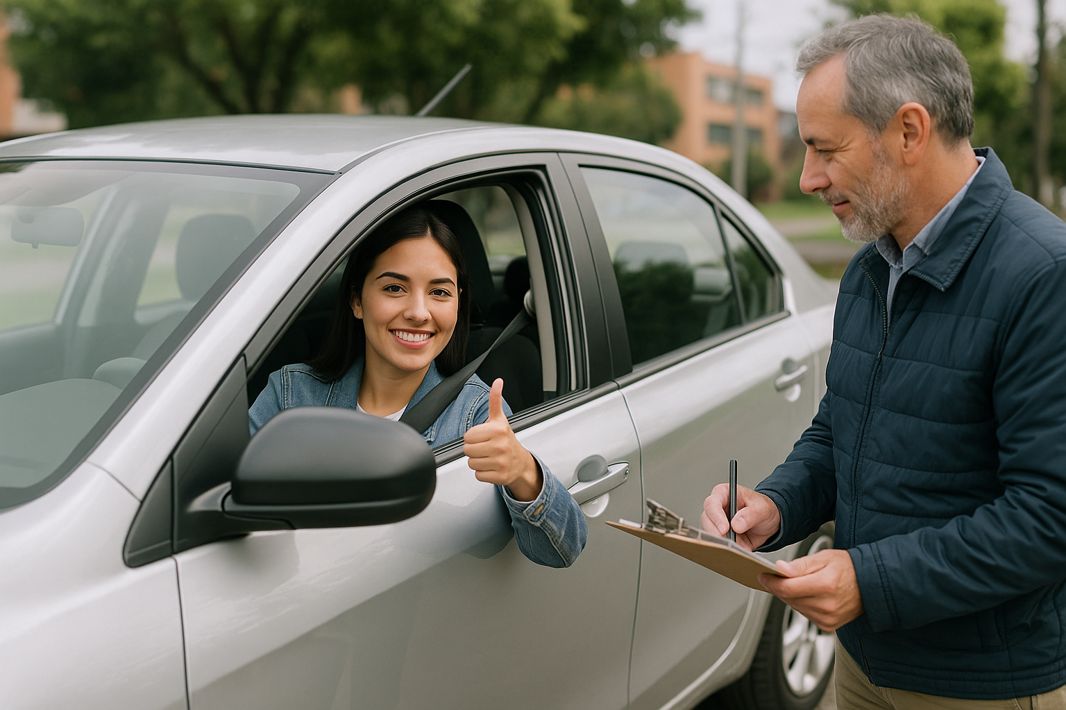 Alumna celebra con el pulgar arriba desde el carro mientras el instructor anota el resultado de la práctica