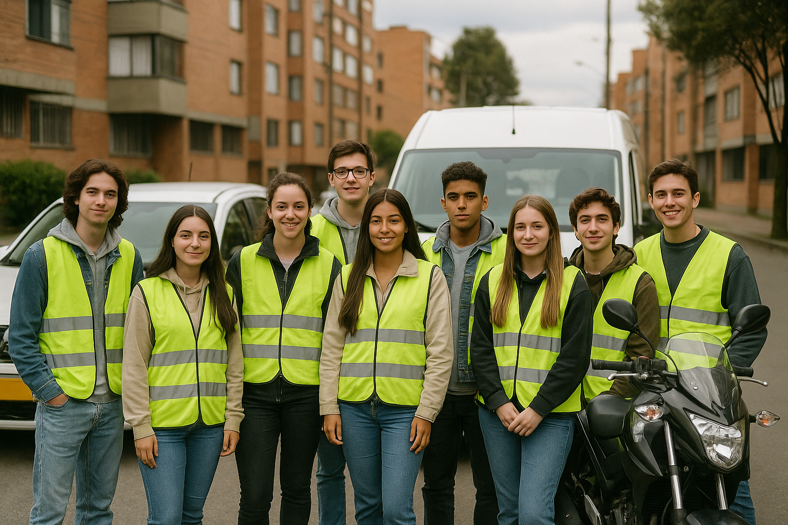 Grupo de alumnos con chalecos reflectivos frente a los vehículos de la academia en una calle de Bogotá