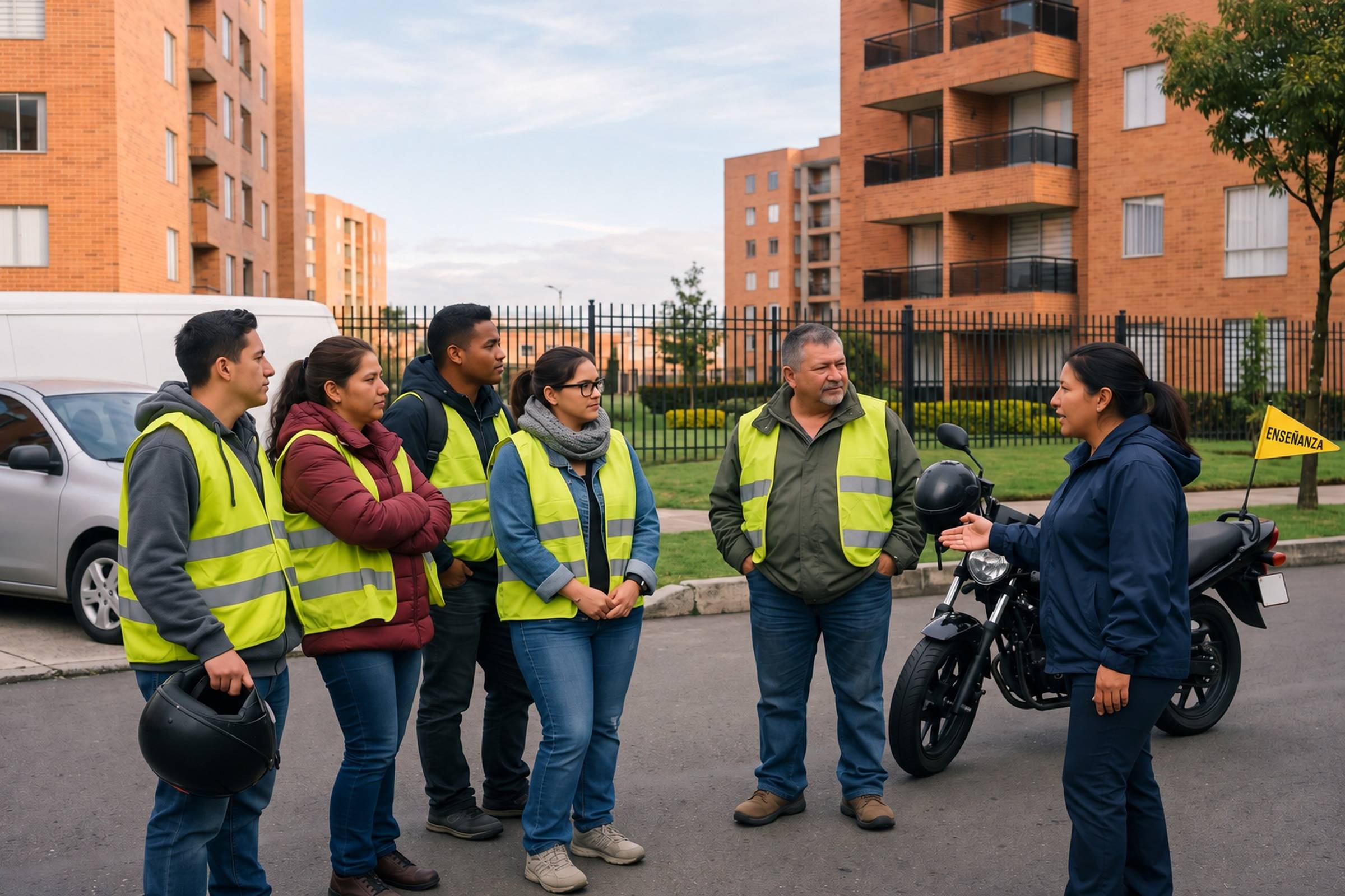 Grupo de alumnos con chalecos reflectivos frente a los vehículos de la academia en una calle de Bogotá