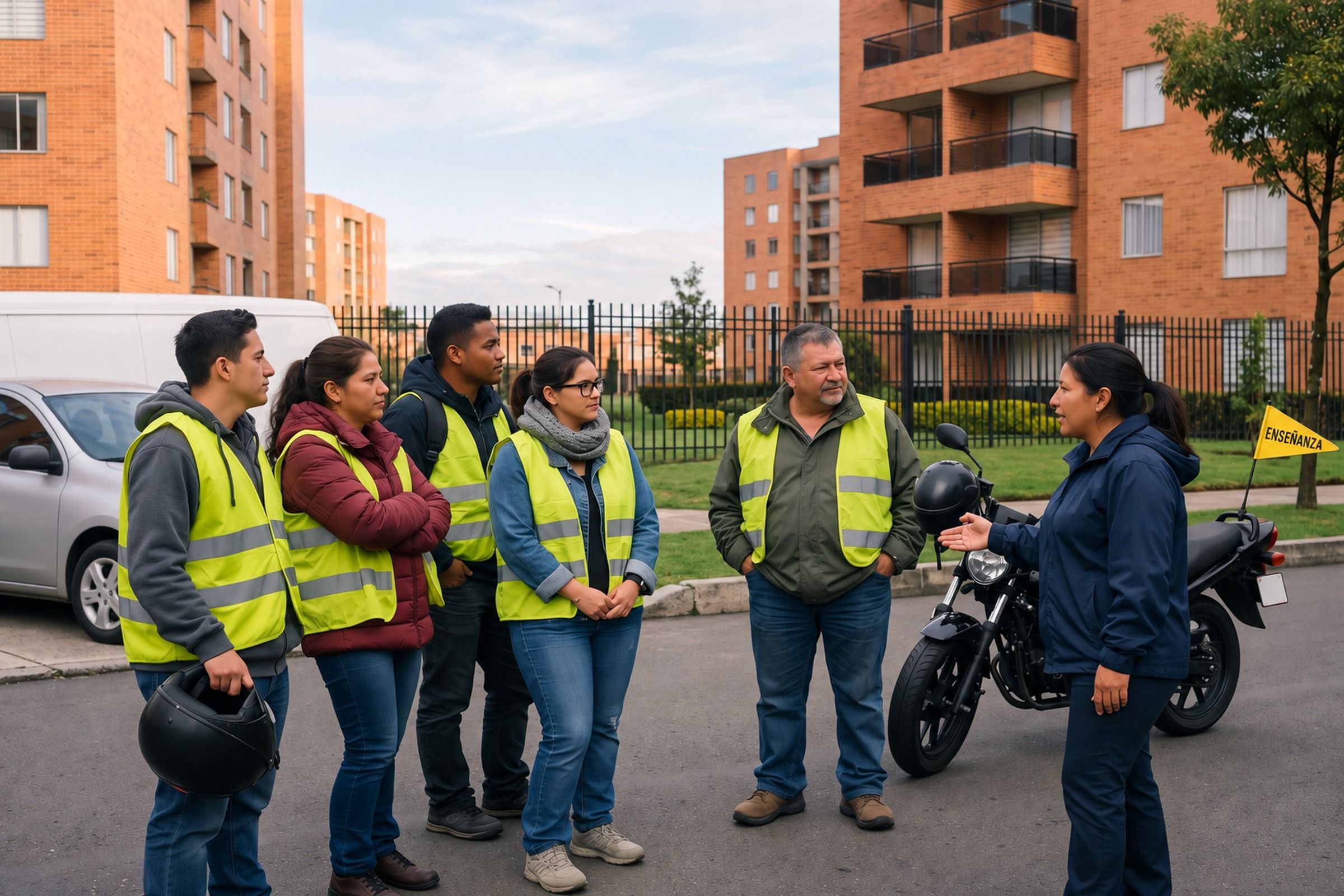 Grupo de alumnos con chalecos reflectivos frente a los vehículos de la academia en una calle de Bogotá