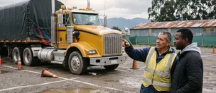 Instructor y alumno junto a un tractocamión con semirremolque en un patio de prácticas en Bogotá