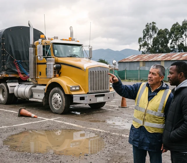 Instructor y alumno junto a un tractocamión con semirremolque en un patio de prácticas en Bogotá