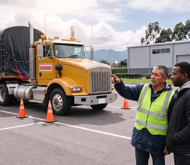 Instructor y alumno junto a un tractocamión con semirremolque en un patio de prácticas en Bogotá