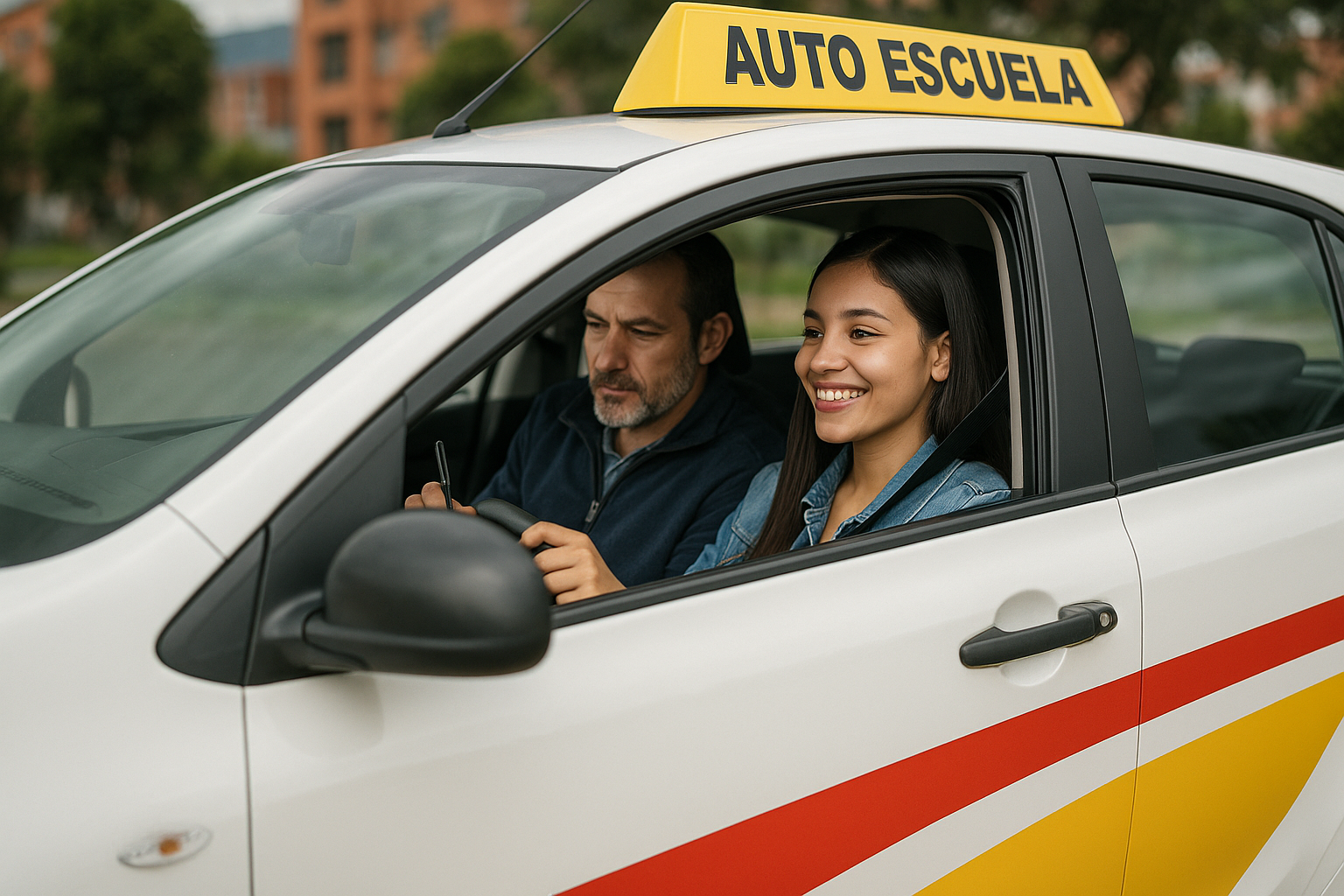 Alumna sonriente al volante de un carro de academia con aviso Auto Escuela, junto a su instructor