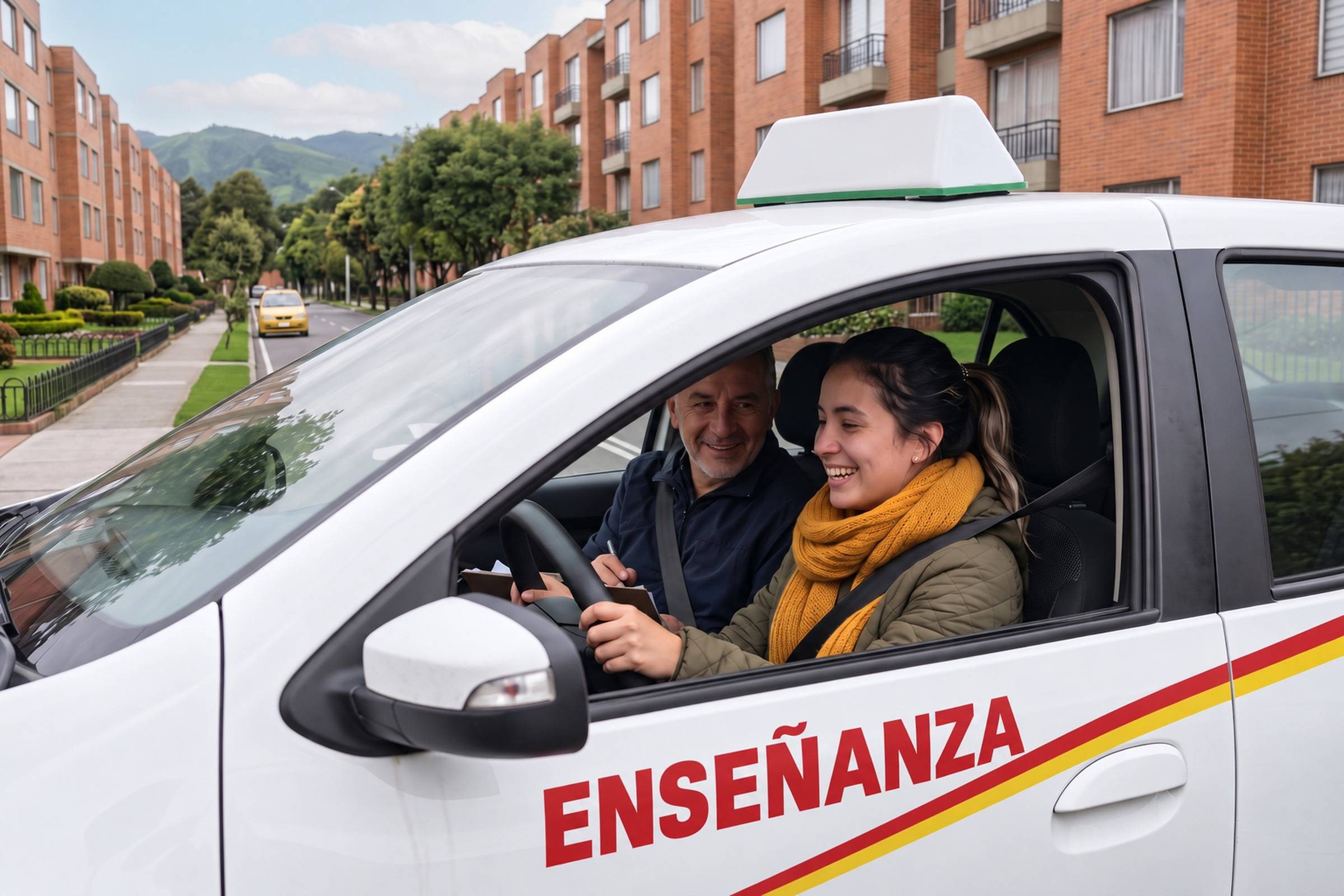Alumna sonriente al volante de un carro de academia con aviso Auto Escuela, junto a su instructor