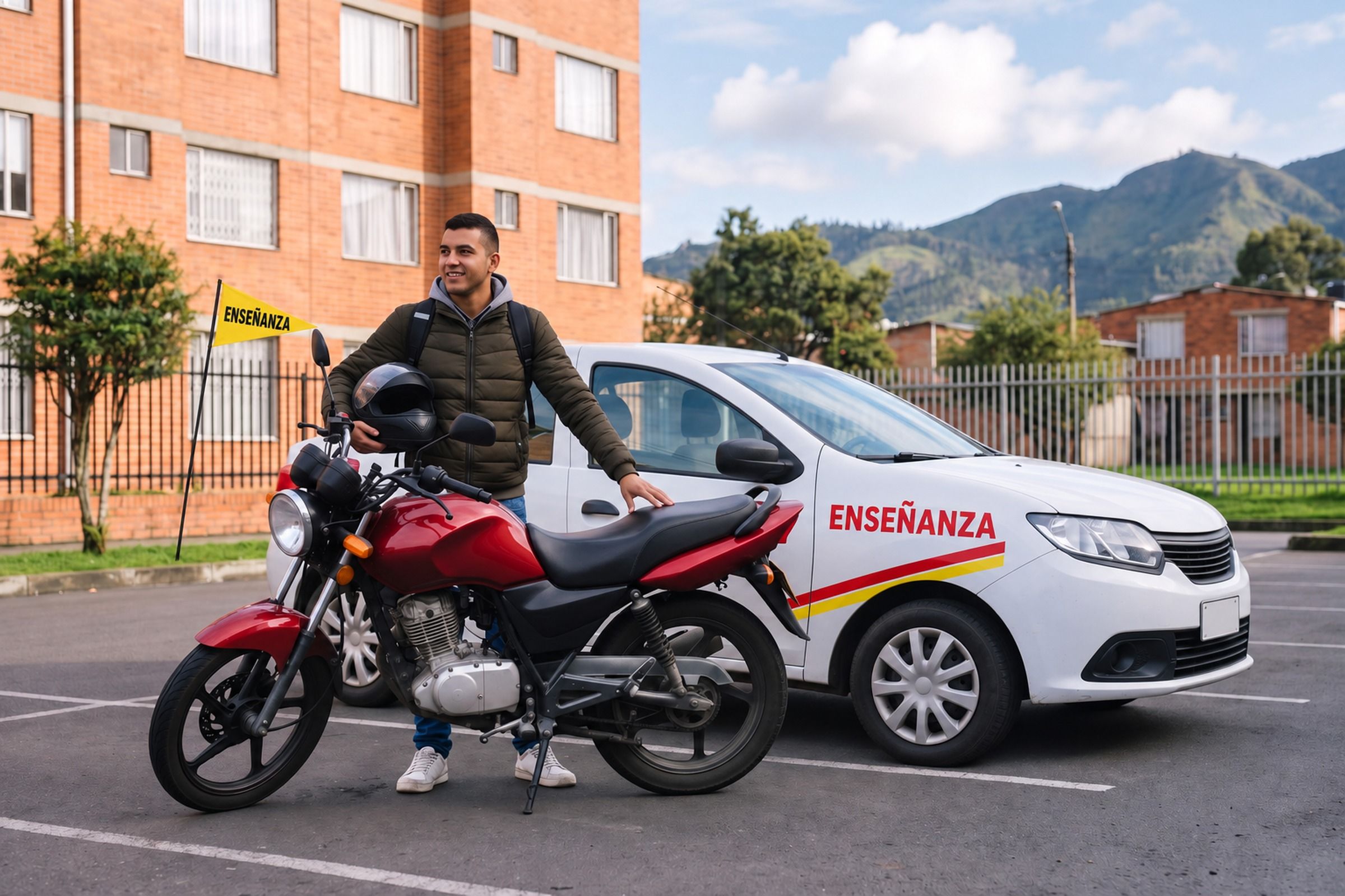 Alumno con casco en la mano junto a la moto y el carro de la academia frente a un edificio de ladrillo