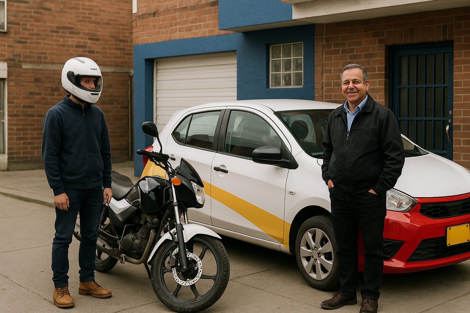 Alumno con casco junto a una moto y un carro de academia, con su instructor, frente a una casa de ladrillo en Suba