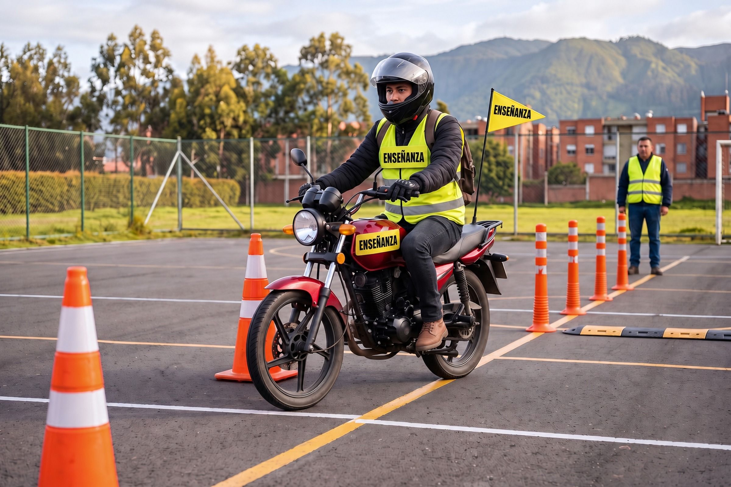 Alumno con casco y chaleco reflectivo conduce una moto entre conos en la pista de la academia