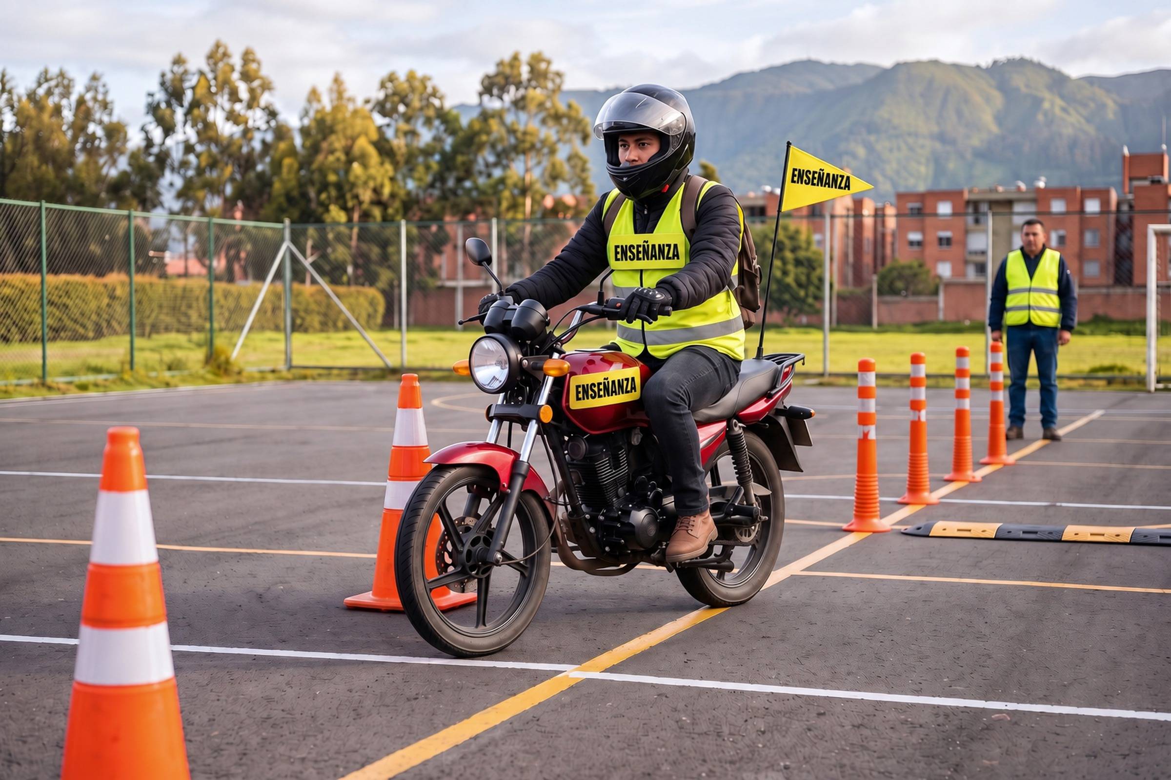 Alumno con casco y chaleco reflectivo conduce una moto entre conos en la pista de la academia