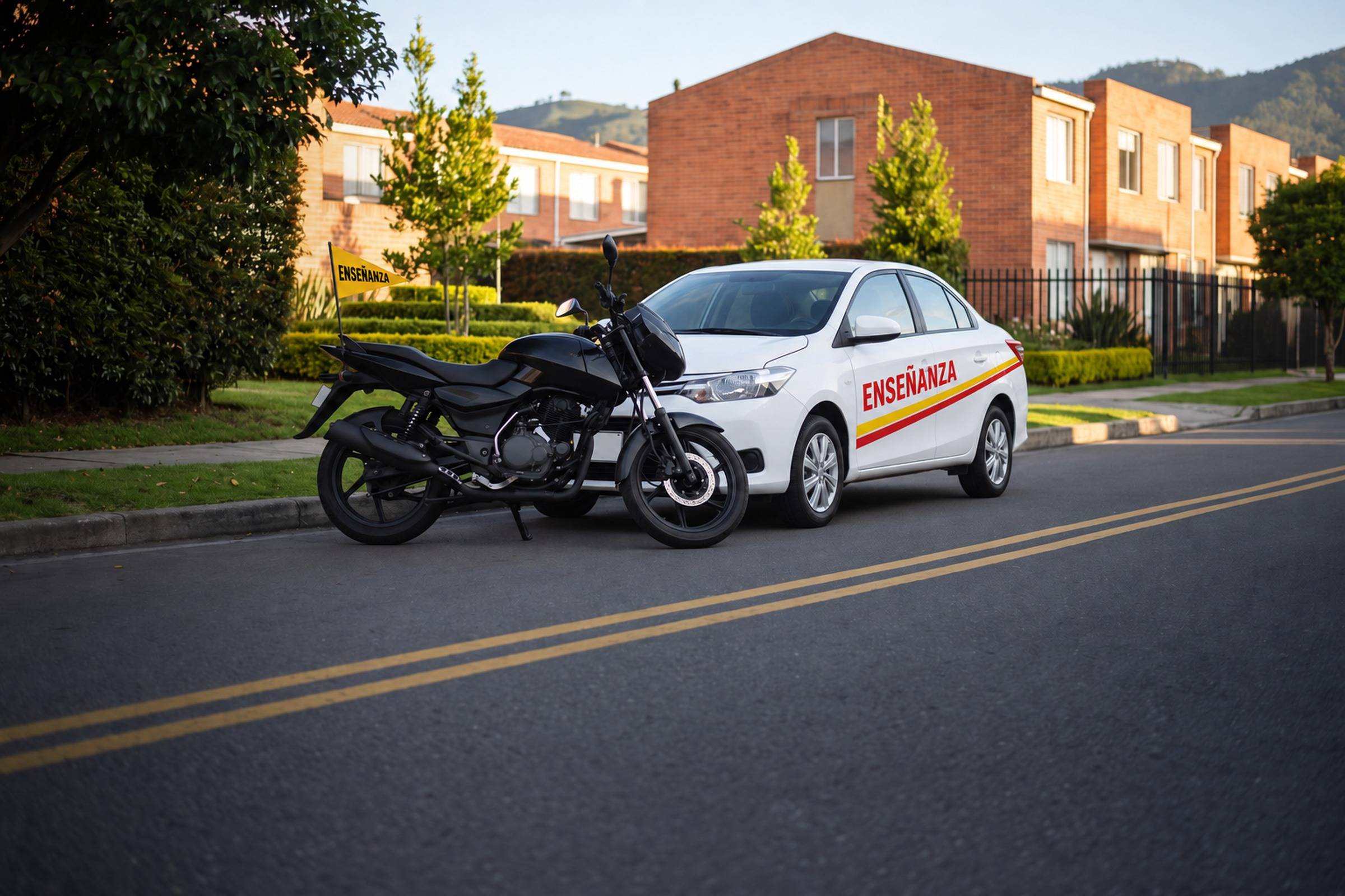 Motocicleta deportiva negra junto a un sedán blanco sobre fondo oscuro de estudio