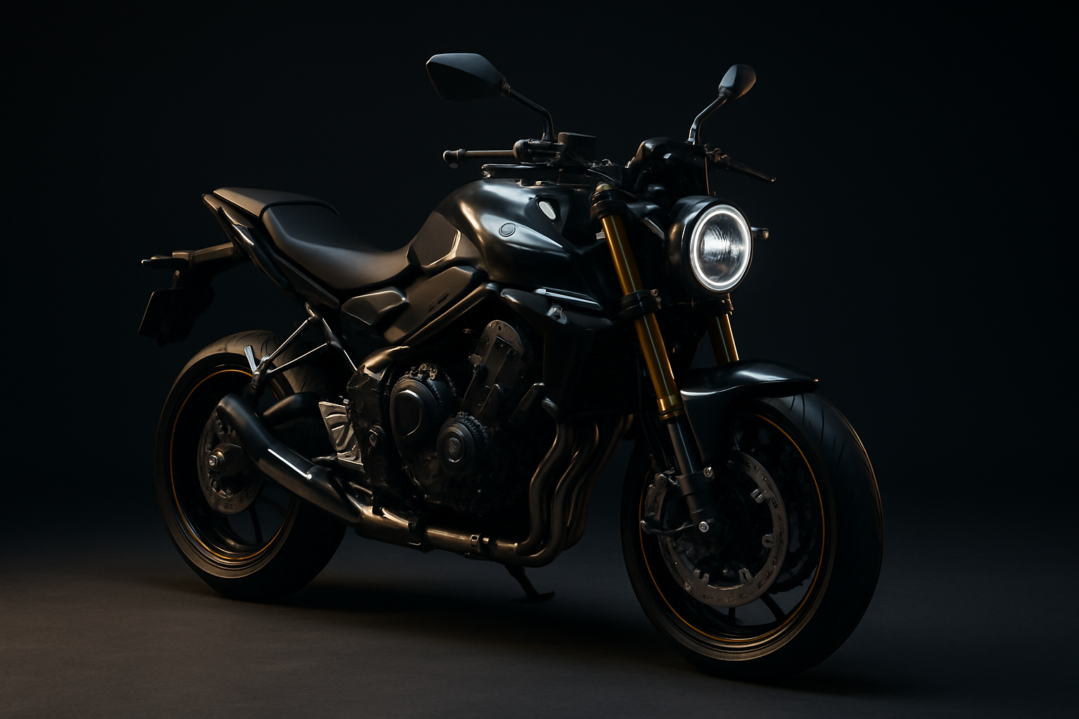Motocicleta negra tipo naked sobre fondo oscuro de estudio con iluminación lateral