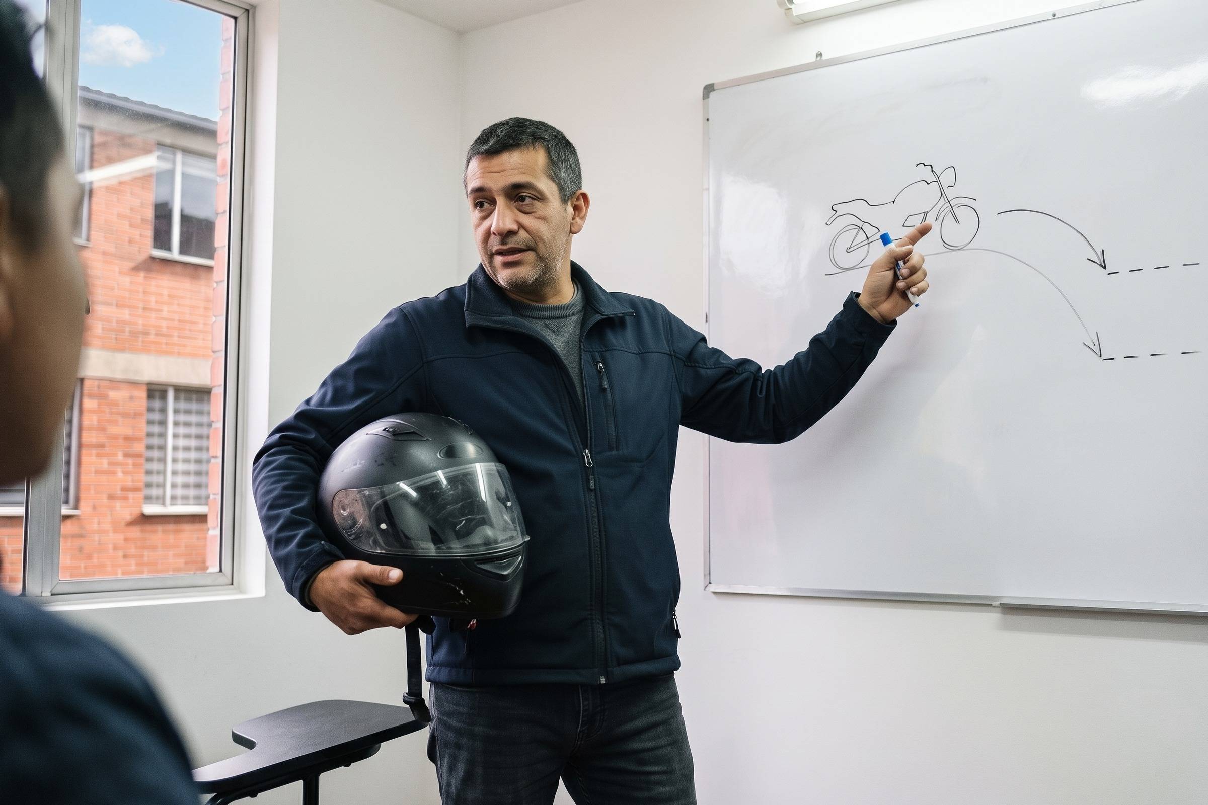 Instructor con un casco en la mano explica la teoría de moto frente a un tablero con dibujos