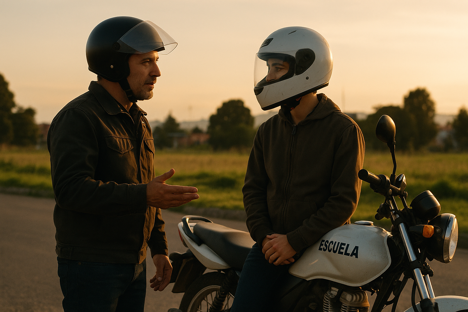 Instructor con casco conversa con un alumno sentado en una moto de la escuela al atardecer
